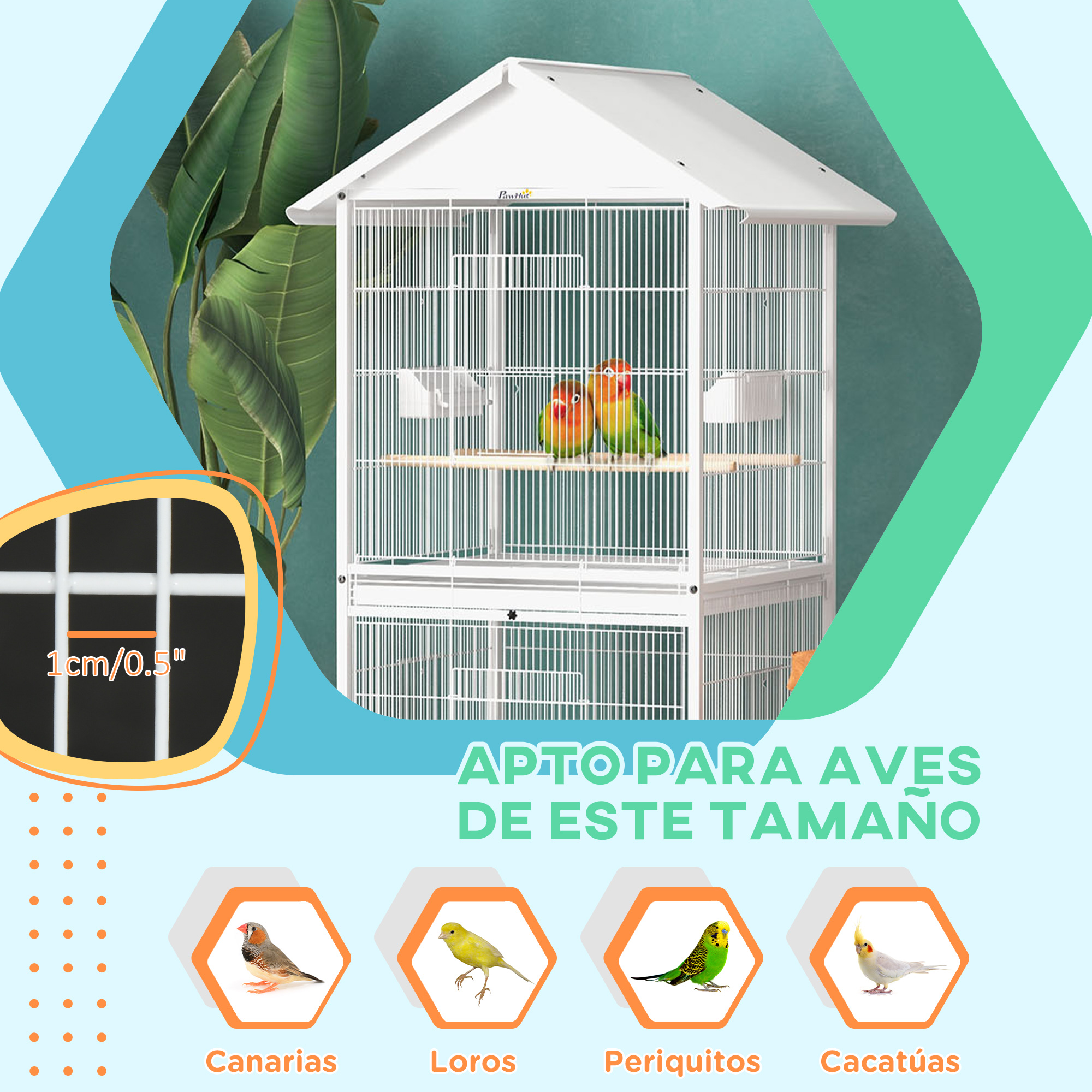 Jaula blanca con tres loros. Incluye texto: adecuado para aves y tipos de aves.