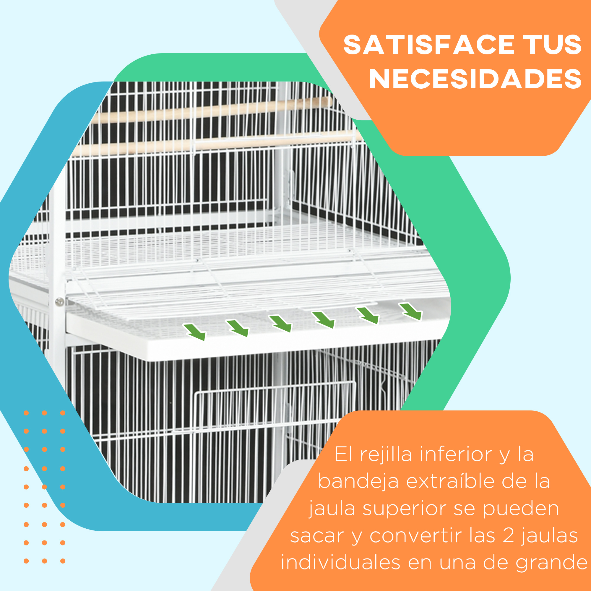Una jaula blanca para pájaros con una percha de madera y una bandeja extraíble. Texto: 'Satisface tus necesidades'.