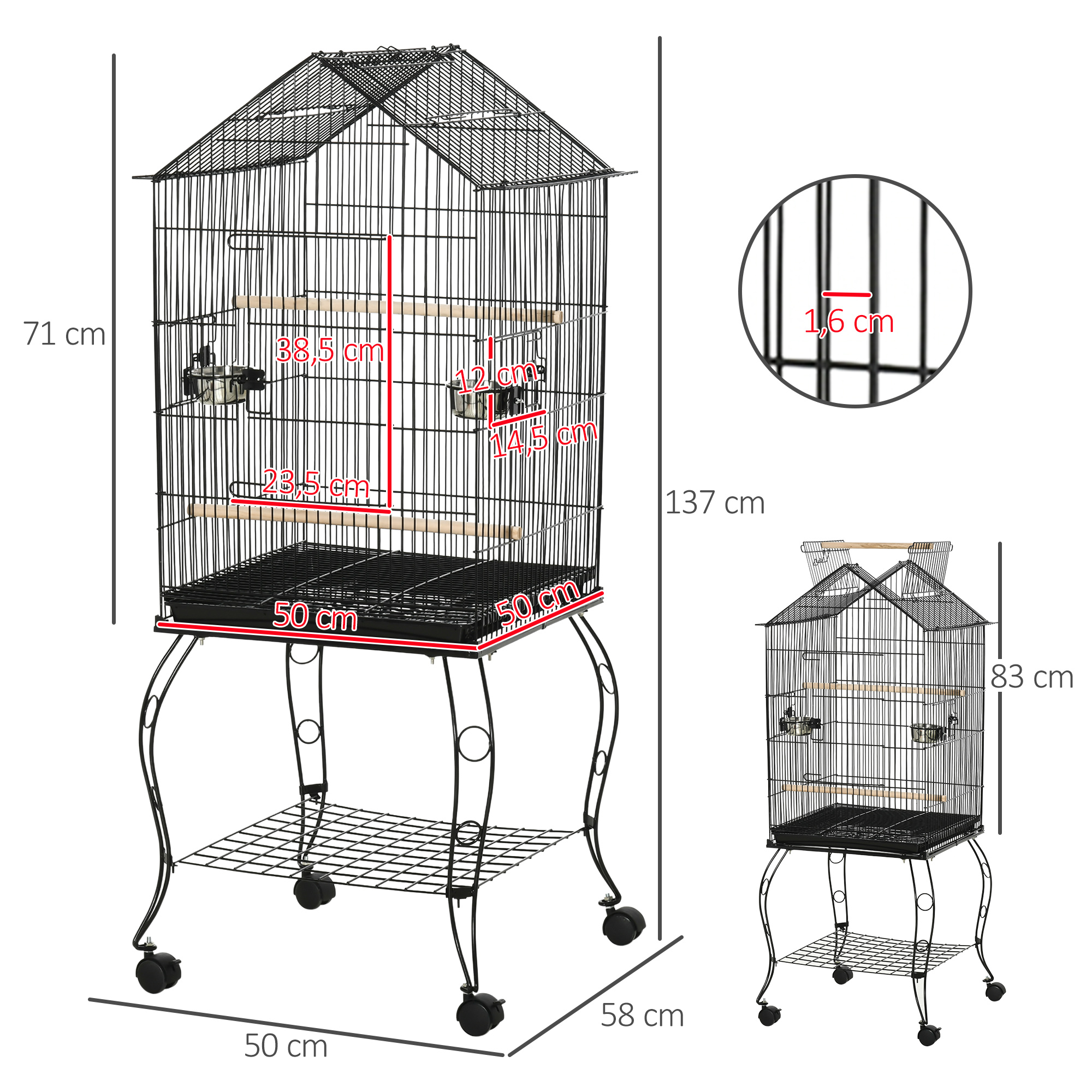 Jaula para pájaros negra sobre un soporte con dimensiones. Se muestra una jaula más pequeña para comparación.