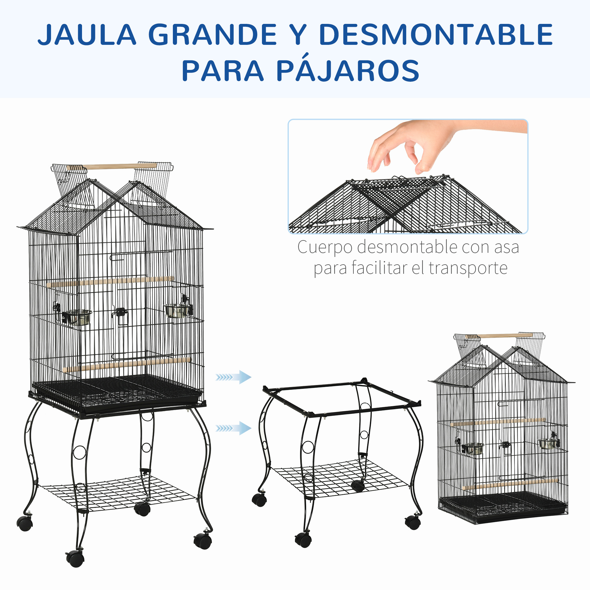 Jaula para pájaros negra desmontada en partes. Las partes incluyen un soporte, una base de jaula y la jaula en sí.