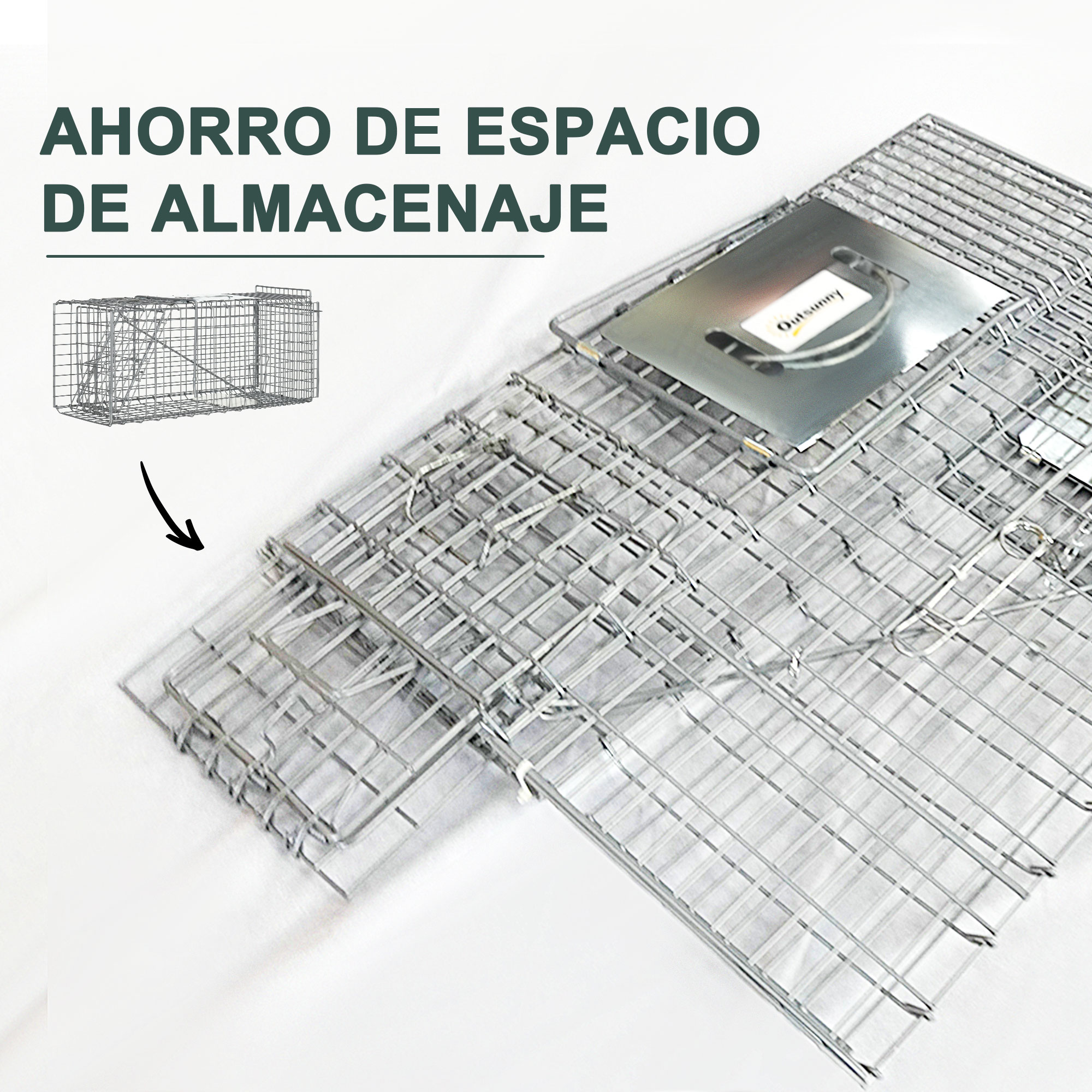 Se muestran trampas de alambre para animales, una plegada. La imagen muestra un primer plano de la trampa plegada y una etiqueta.