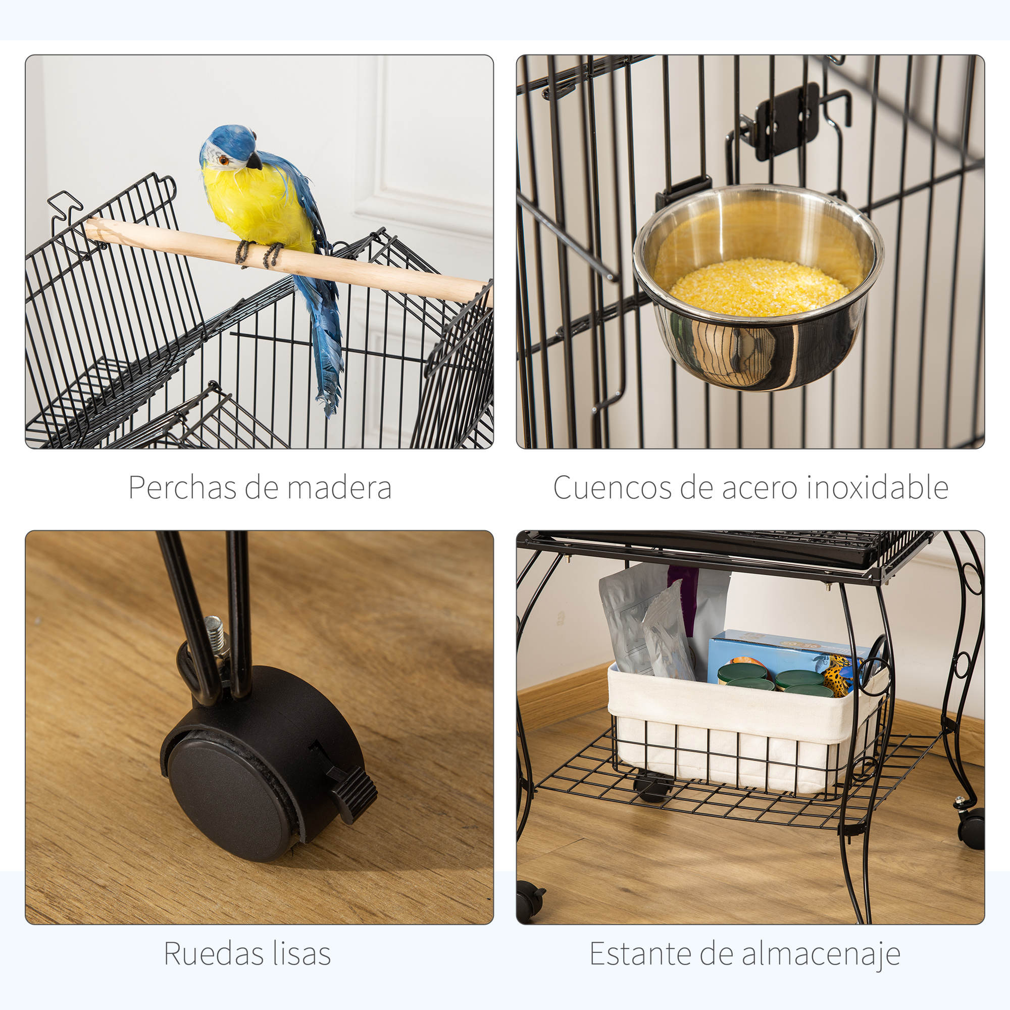 Detalles de una jaula para pájaros con perchas de madera, cuencos de acero inoxidable y ruedas.
