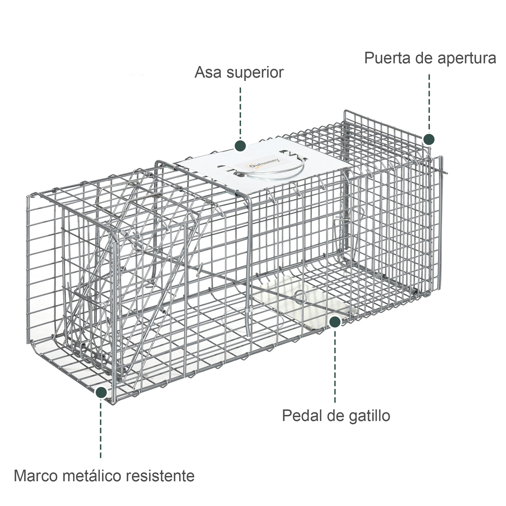 Trampa metálica para animales con puerta, asa y pedal.