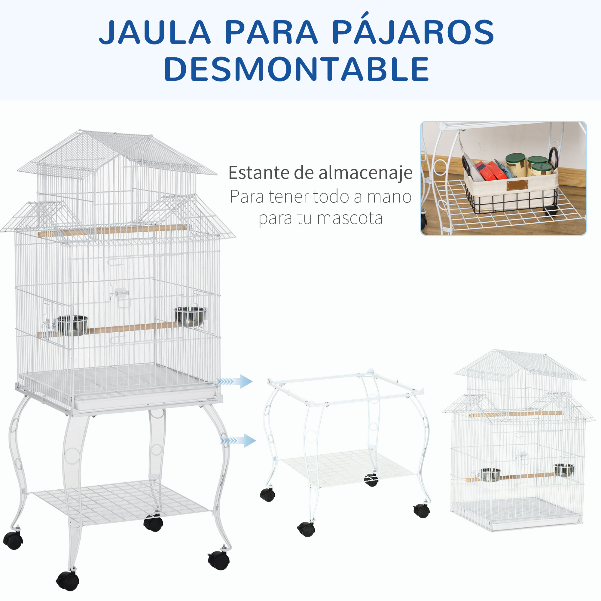 Una jaula blanca con un soporte, desmontada en partes. Es para mascotas. Hay ruedas.