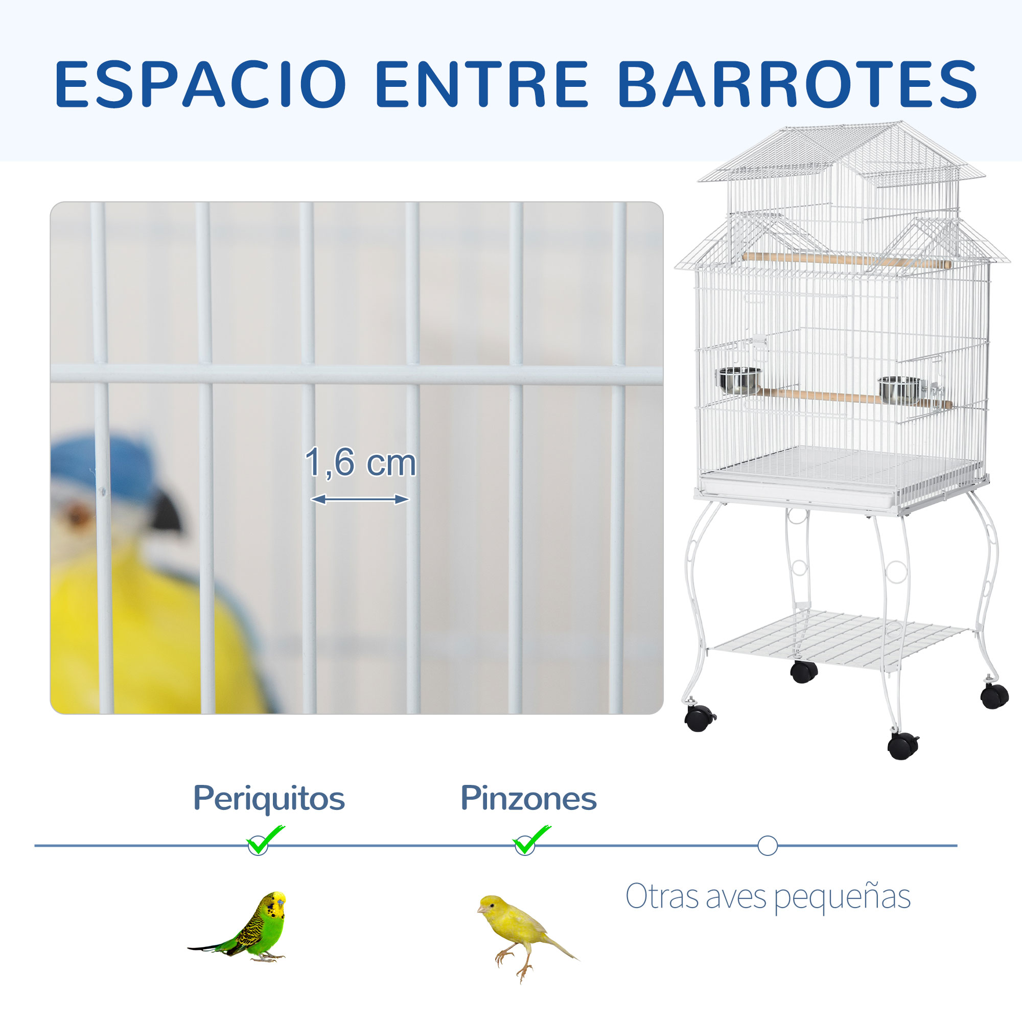 Jaula blanca con un pájaro amarillo y verde, con un espacio de 1,6 cm.