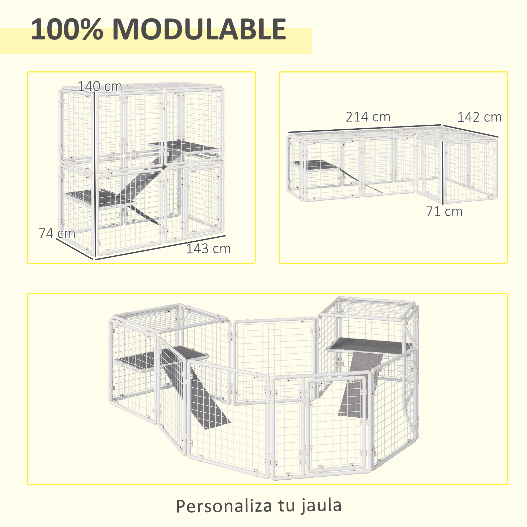 Jaula modular para mascotas con diferentes configuraciones, mostrada con texto en español.