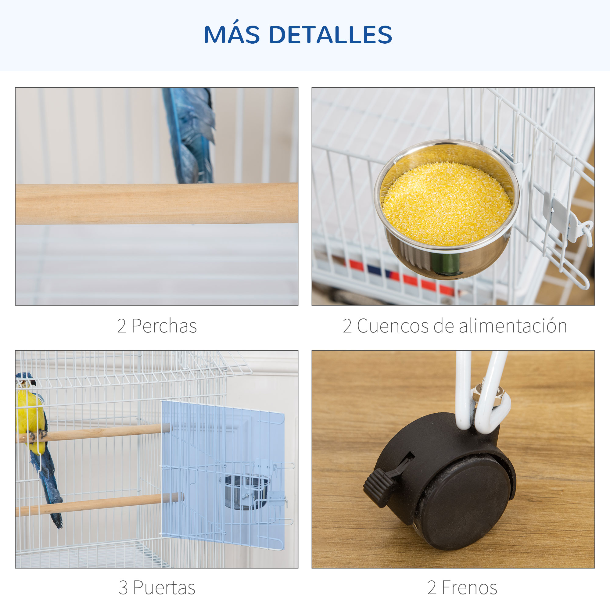 Collage de detalles de la jaula: perchas de madera, comederos, puertas y ruedas.