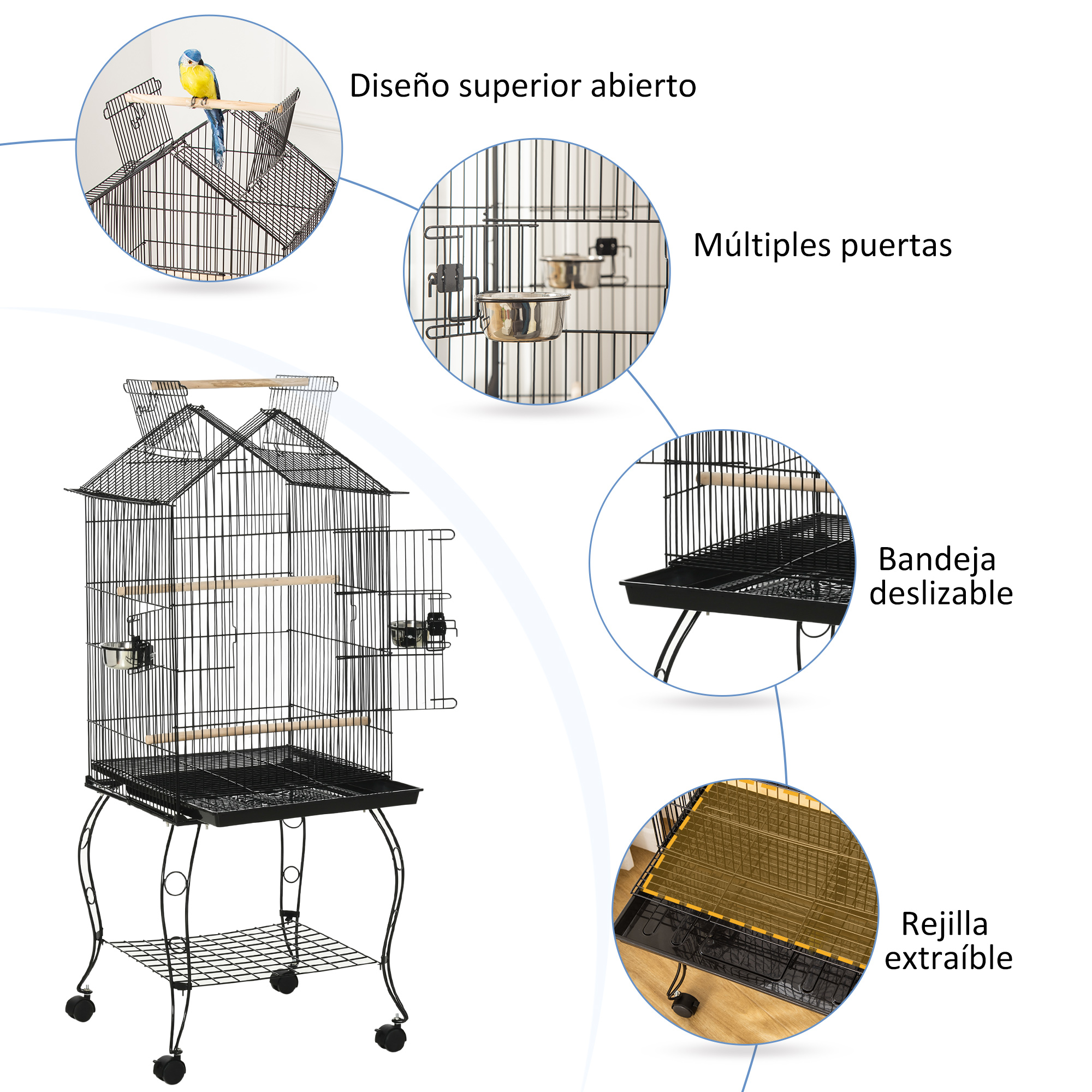 Jaula negra para pájaros con parte superior abierta, múltiples puertas, bandeja extraíble y rejilla.