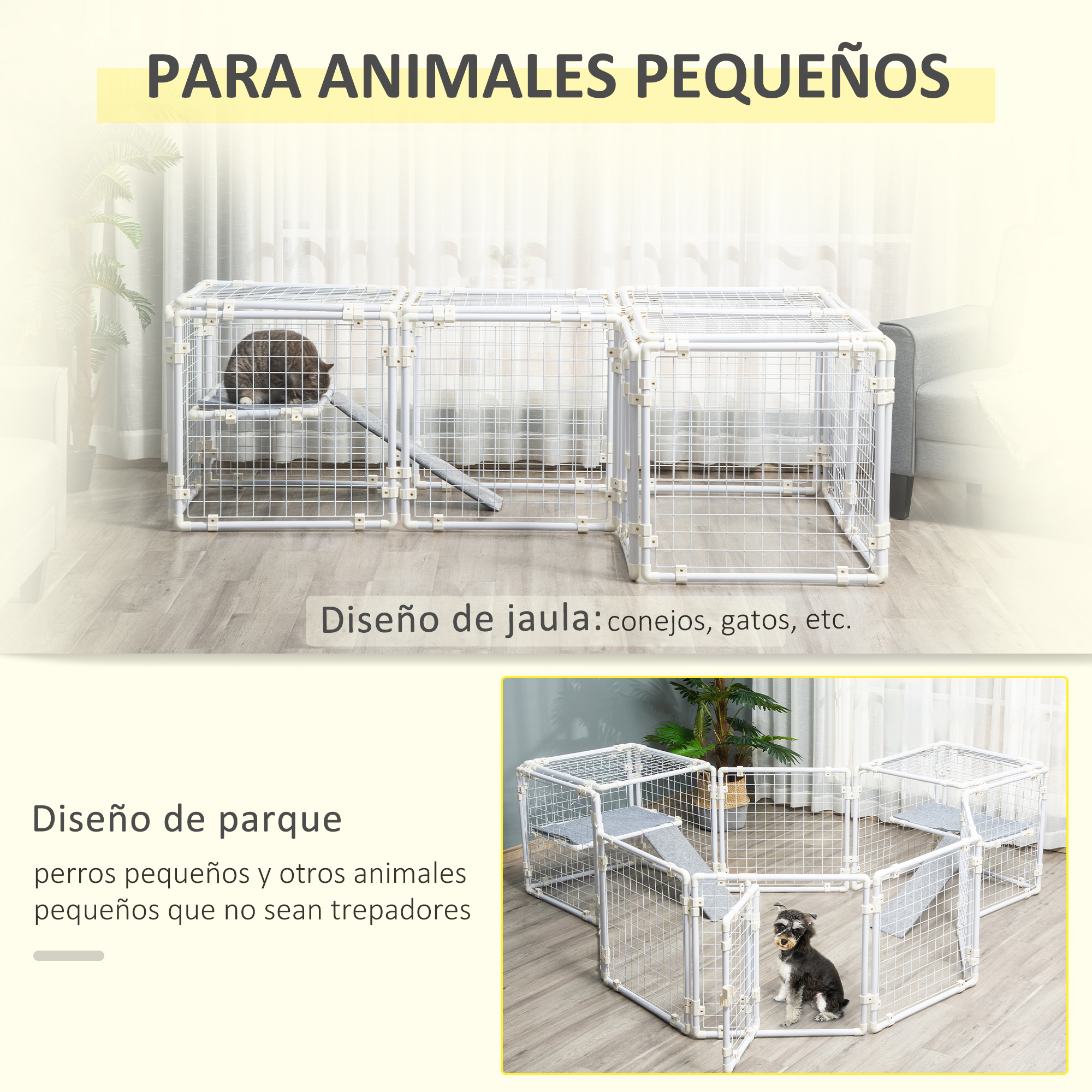 Un parque para mascotas blanco con un animal pequeño dentro y un modelo de perro pequeño.
