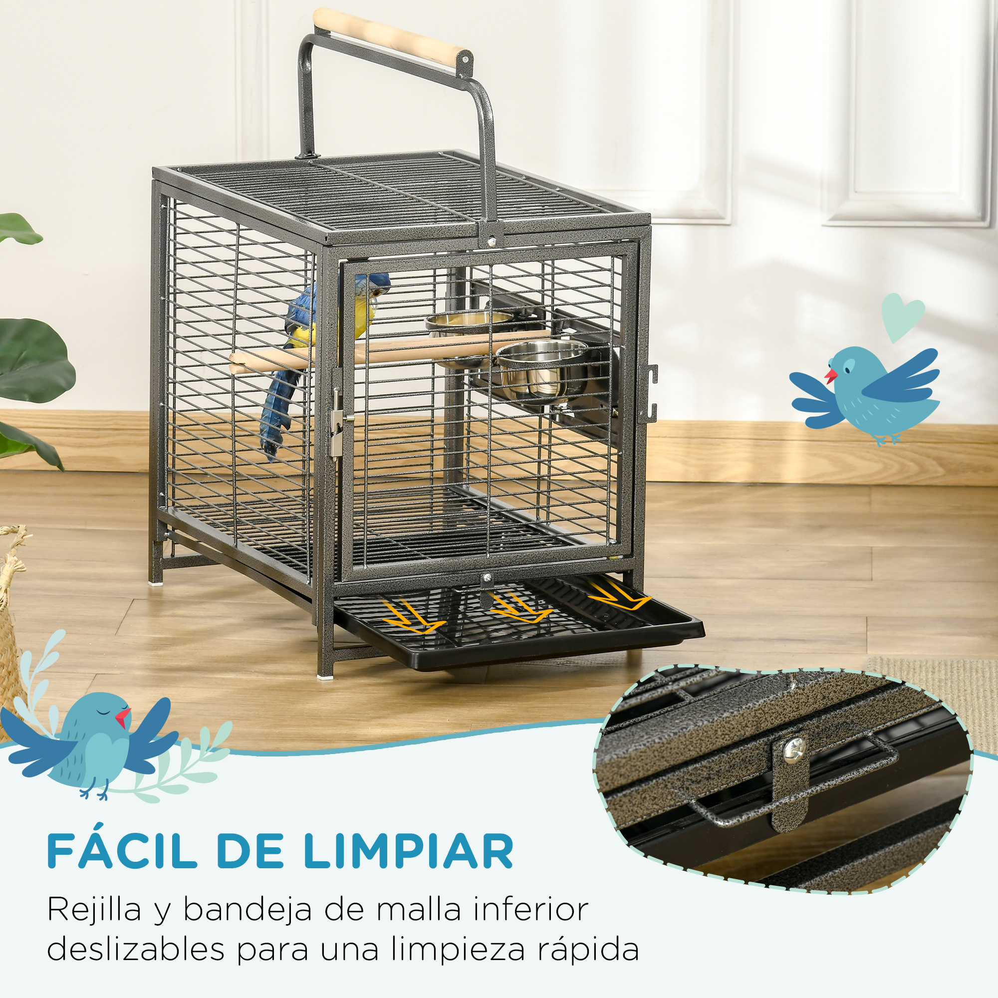 Una jaula para pájaros con un pájaro azul y amarillo dentro. Tiene una bandeja y perchas de madera. El texto dice: Fácil de limpiar.