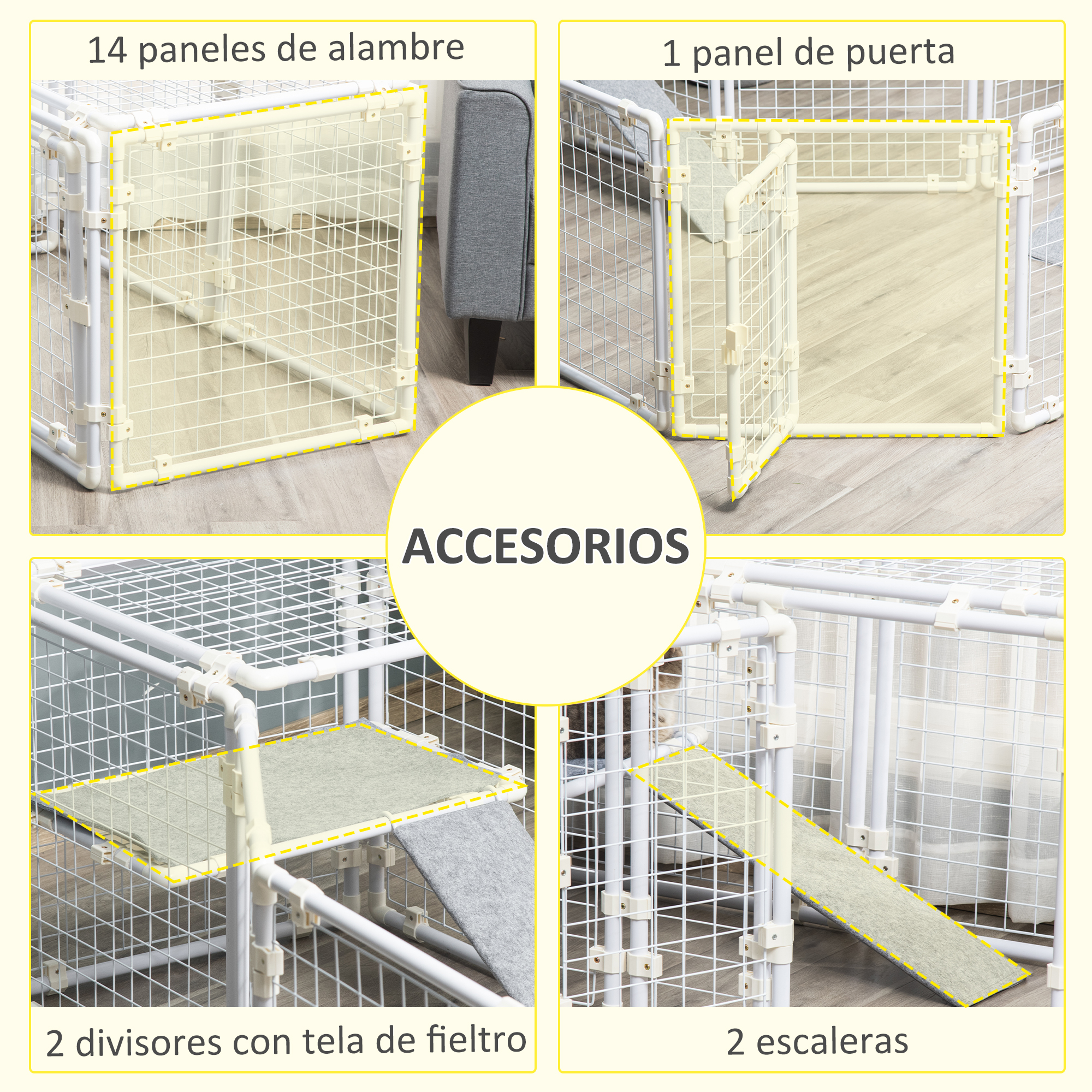 Accesorios para un recinto para mascotas, incluyendo paneles de alambre, rampas y plataformas.