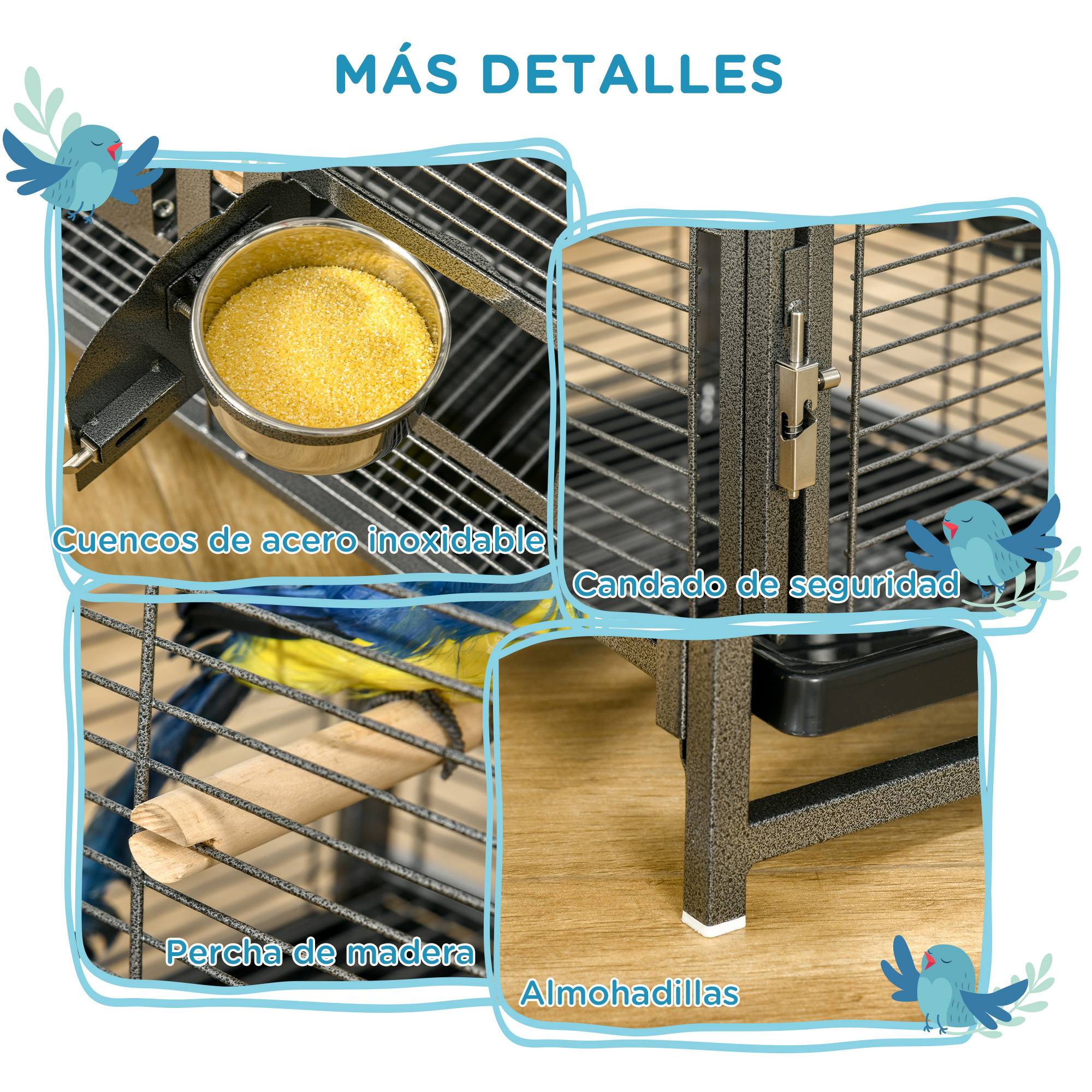 Primer plano que muestra detalles de una jaula para pájaros: cuencos de acero, una percha de madera y un cierre de seguridad.
