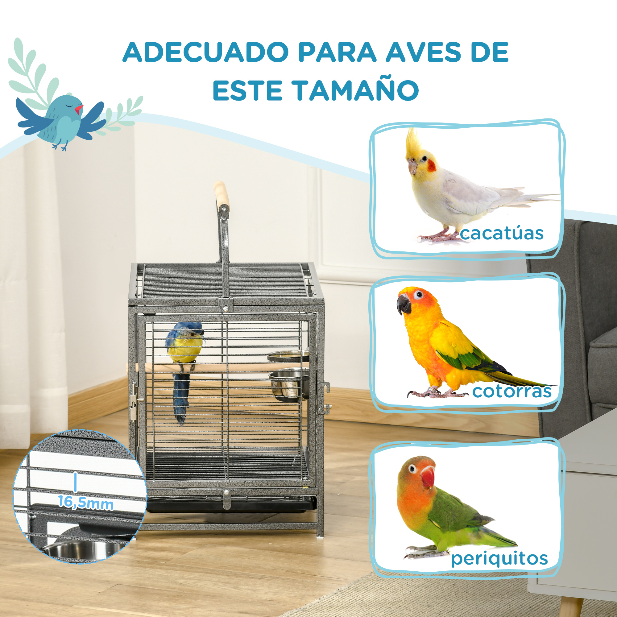 Jaula con pájaros y un dibujo de un pájaro. Incluye cacatúas, loros y periquitos.