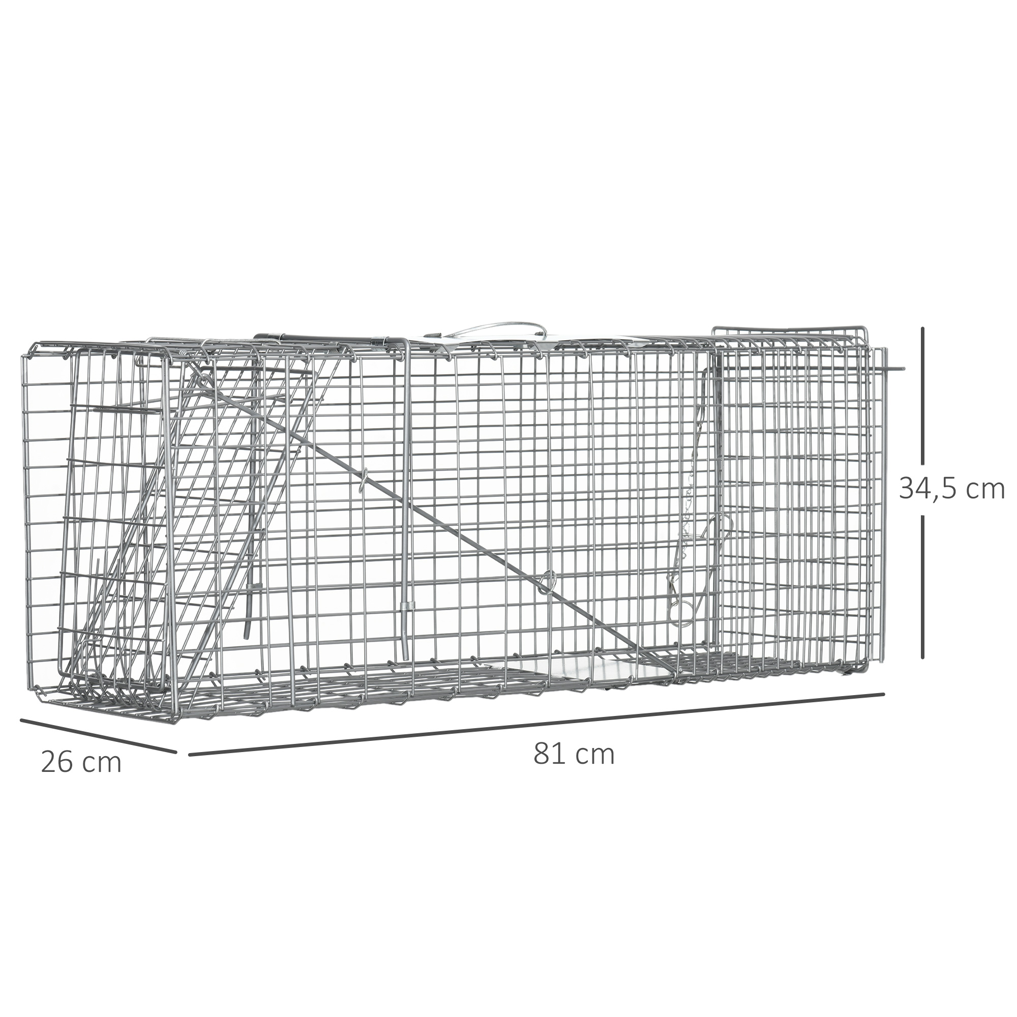 Una trampa de metal para animales con dimensiones: 81 cm de largo, 26 cm de ancho y 34,5 cm de alto.