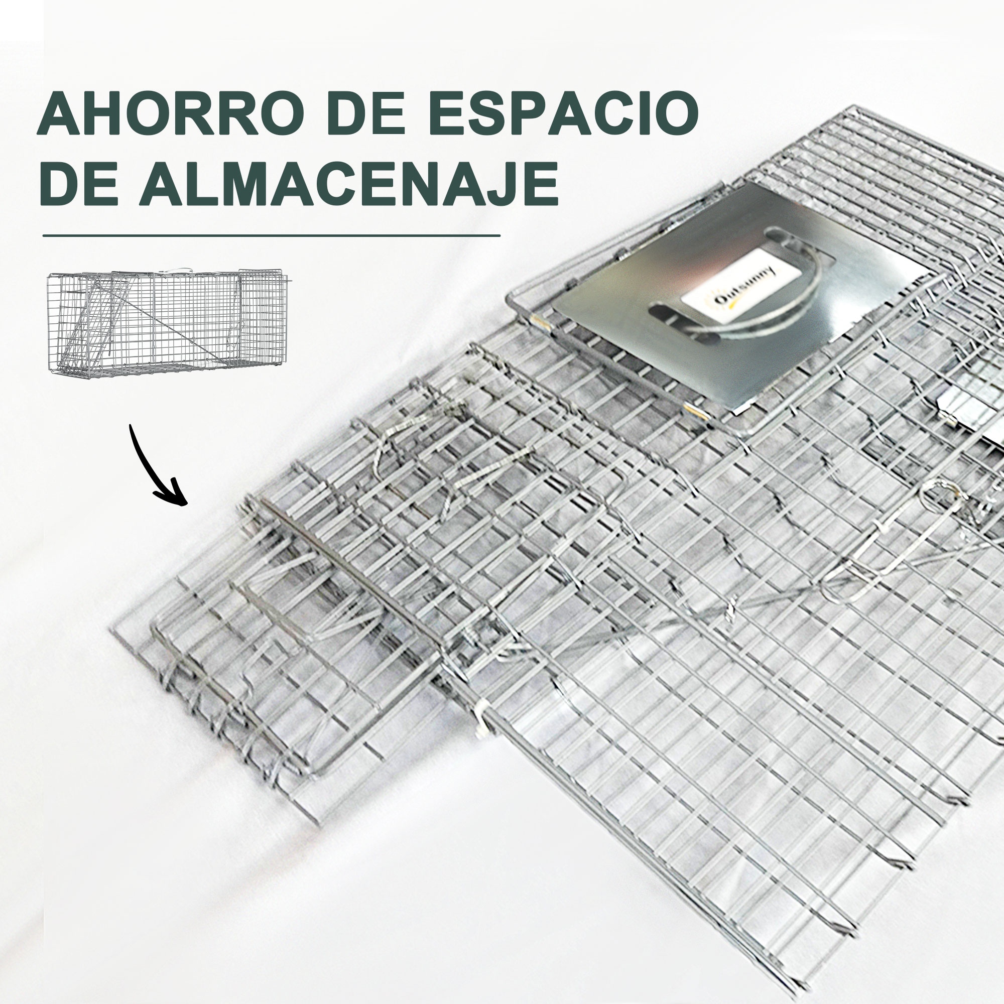 Jaula de almacenamiento de malla de alambre para atrapar animales. Presentada con una versión más pequeña y una flecha que la señala.