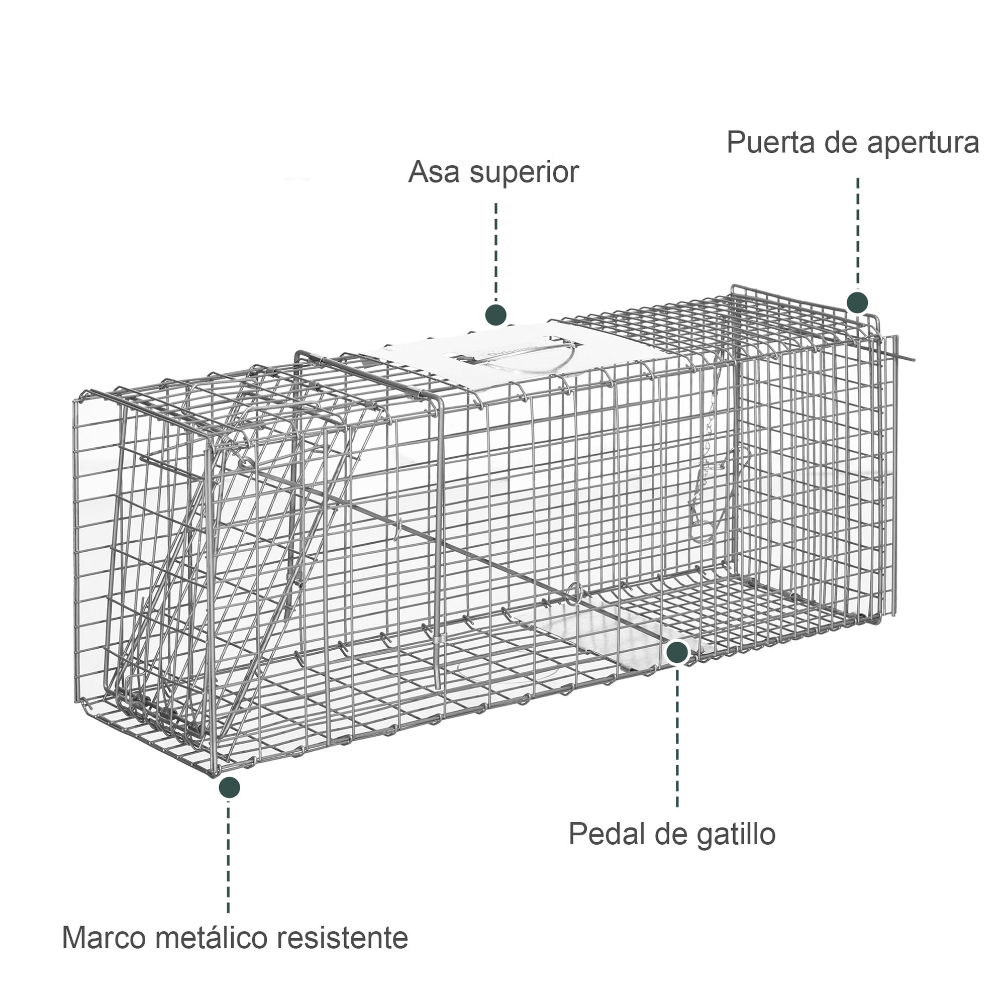 Una trampa metálica plateada. Forma rectangular con diseño de malla de alambre y pedal.