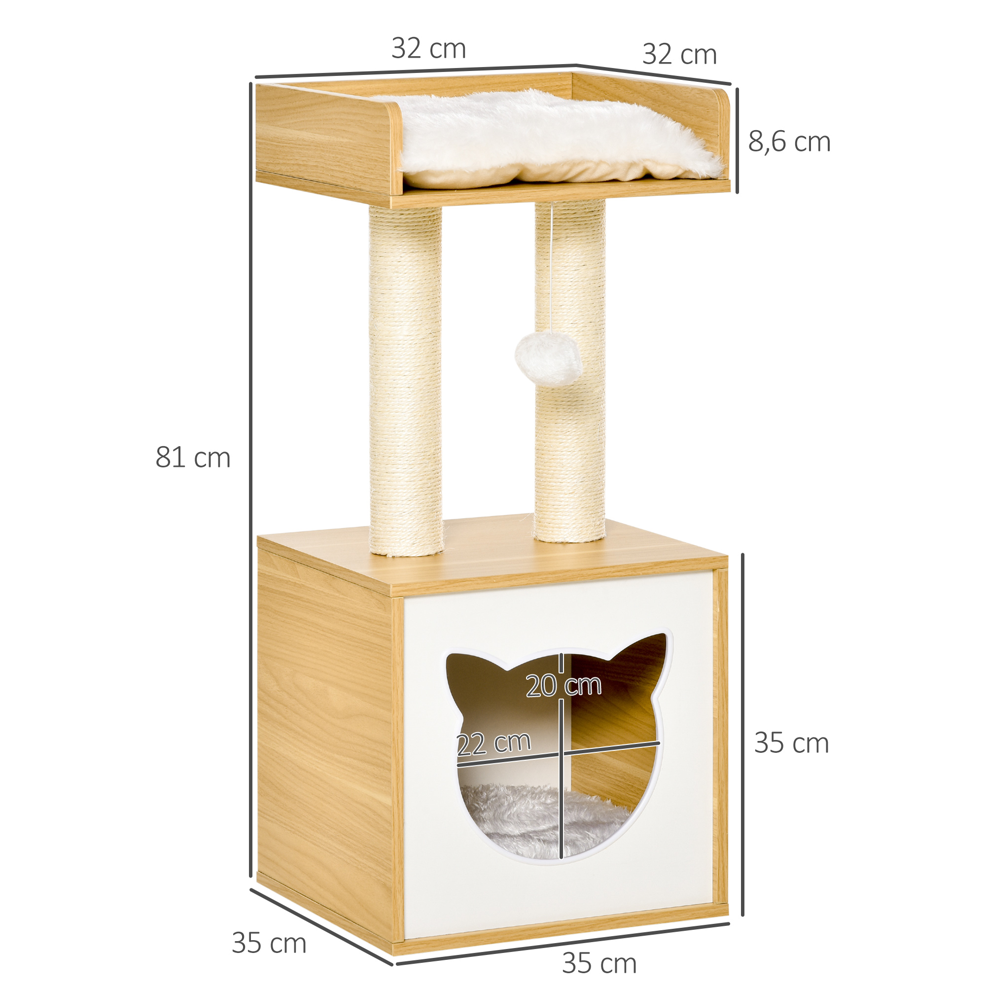 Árbol para gatos con cubículo, postes rascadores y plataforma superior. Se muestran las dimensiones.
