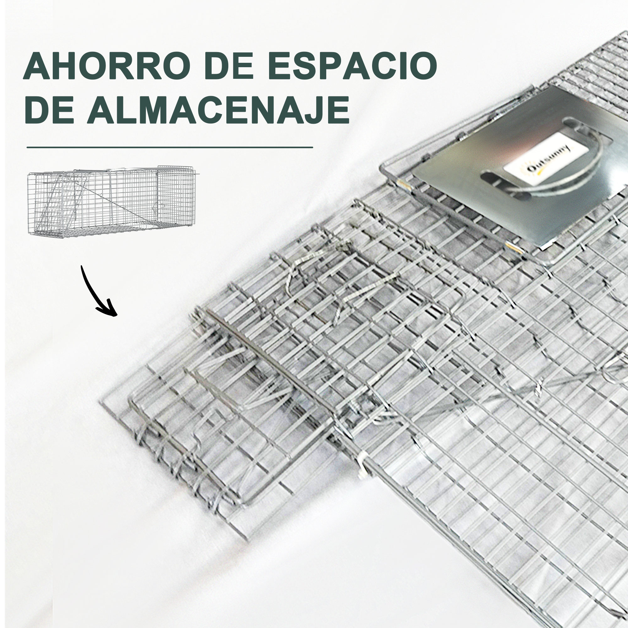 Trampa plegable de metal para animales, mostrada abierta con una ilustración de cómo se pliega.