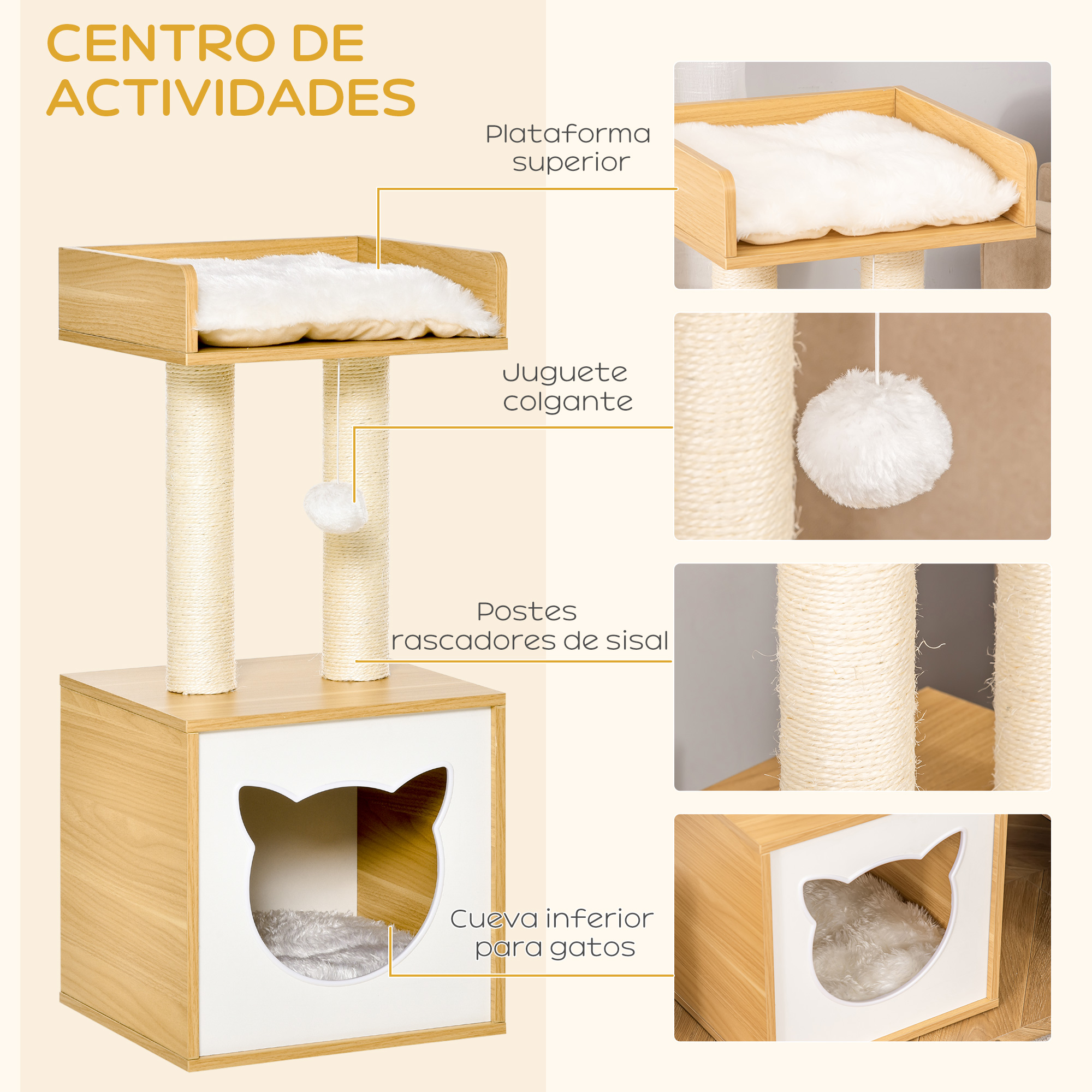 Centro de actividades para gatos con plataforma superior, juguete colgante, postes rascadores y cueva.
