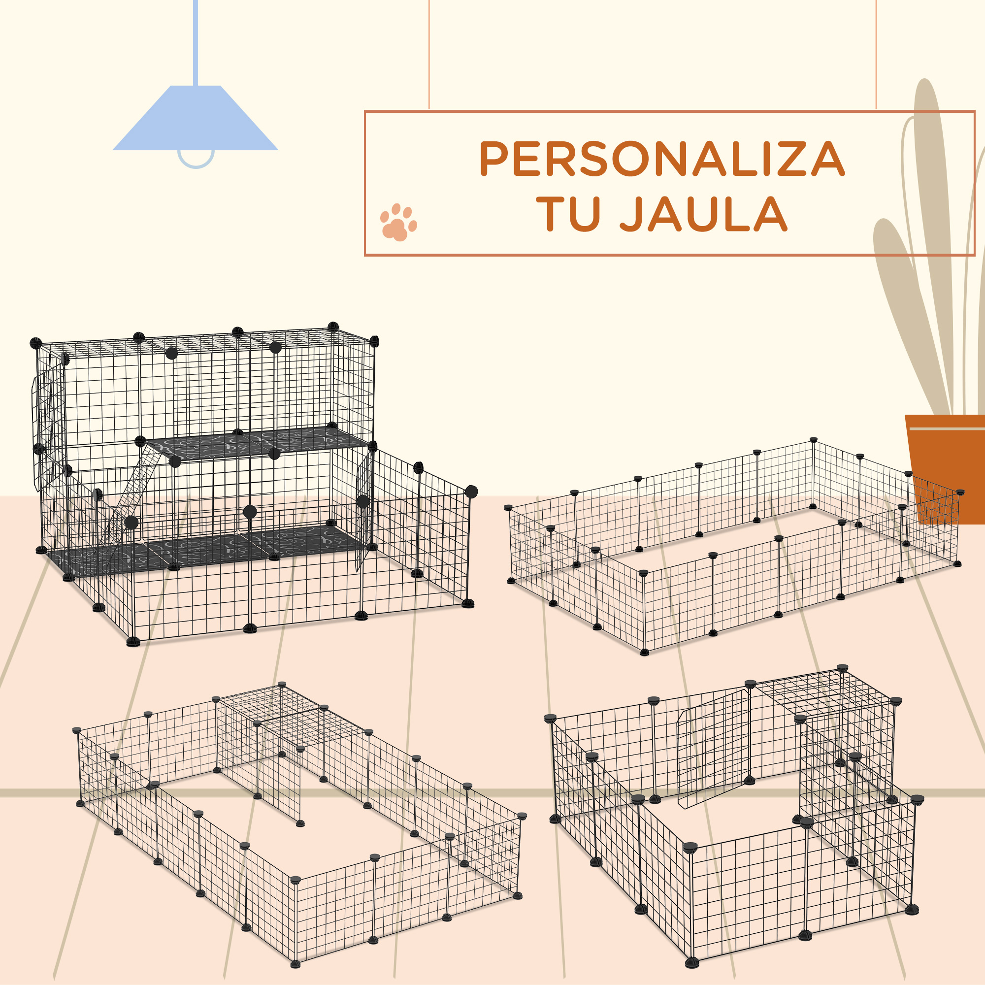 Diseños de jaulas para mascotas con diferentes formas y tamaños. Texto: Personaliza tu jaula. El fondo es naranja.