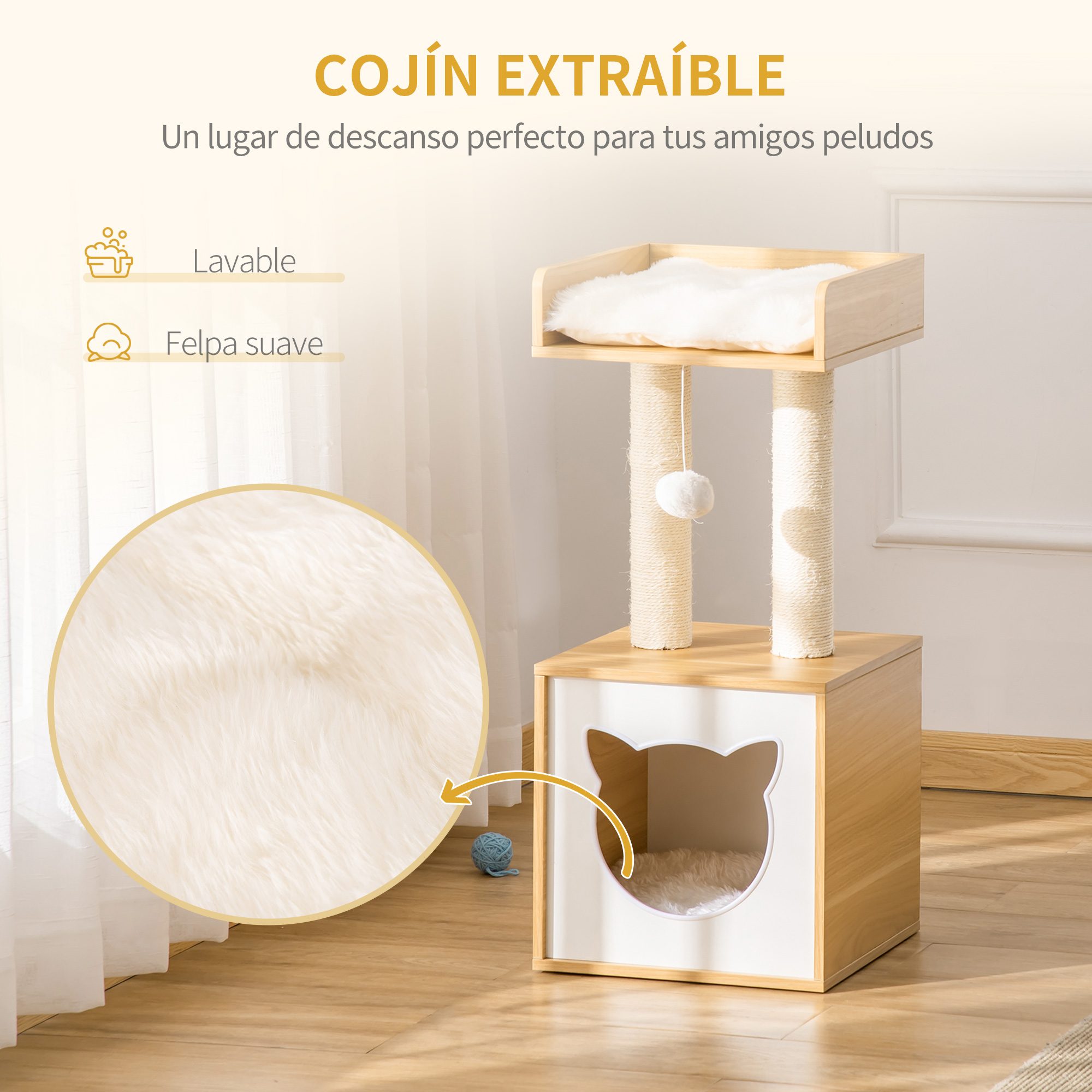 Un árbol para gatos con abertura en forma de gato, cama mullida y postes rascadores de sisal.