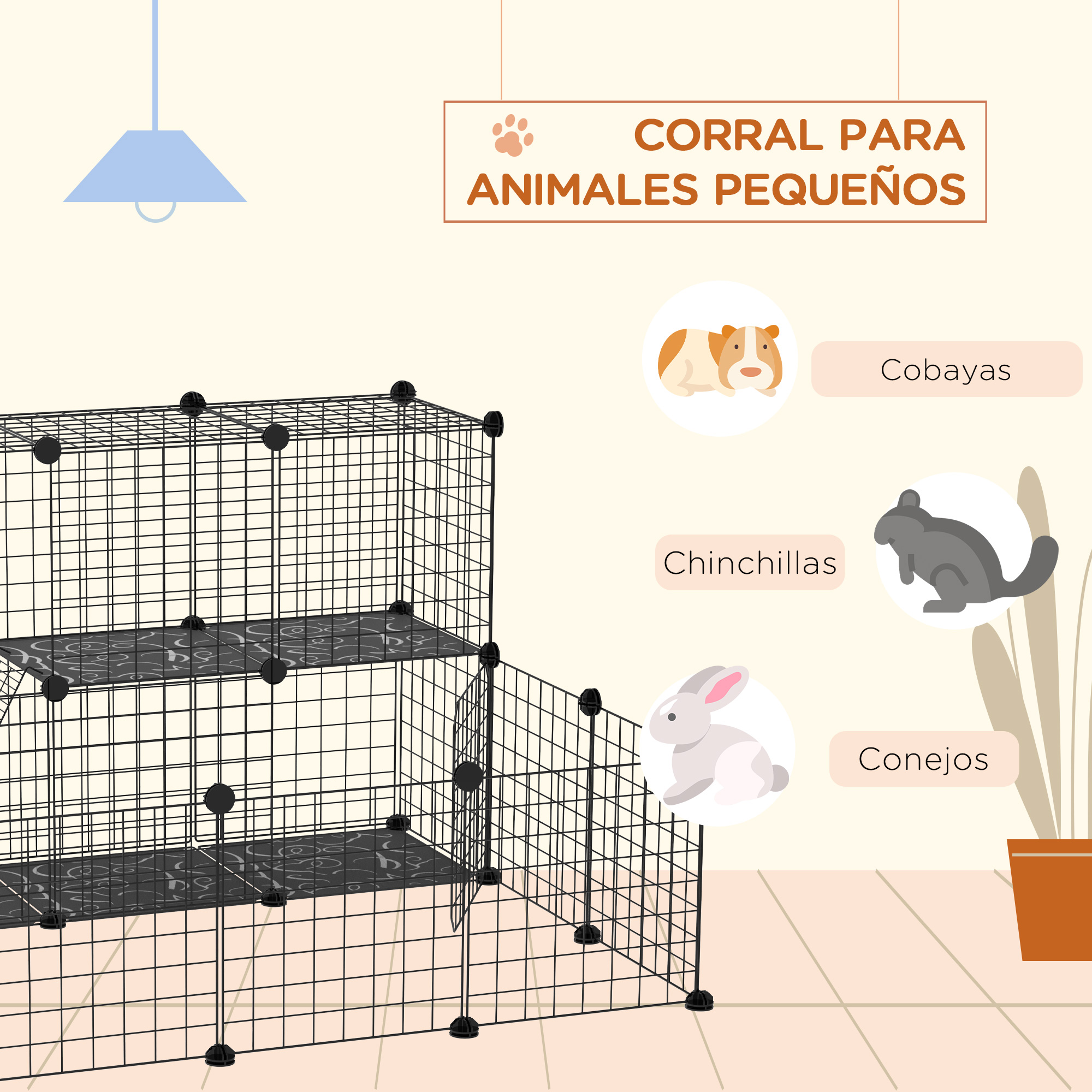 Un corral para animales pequeños con ilustraciones de cobayas, chinchillas y conejos con etiquetas de texto.