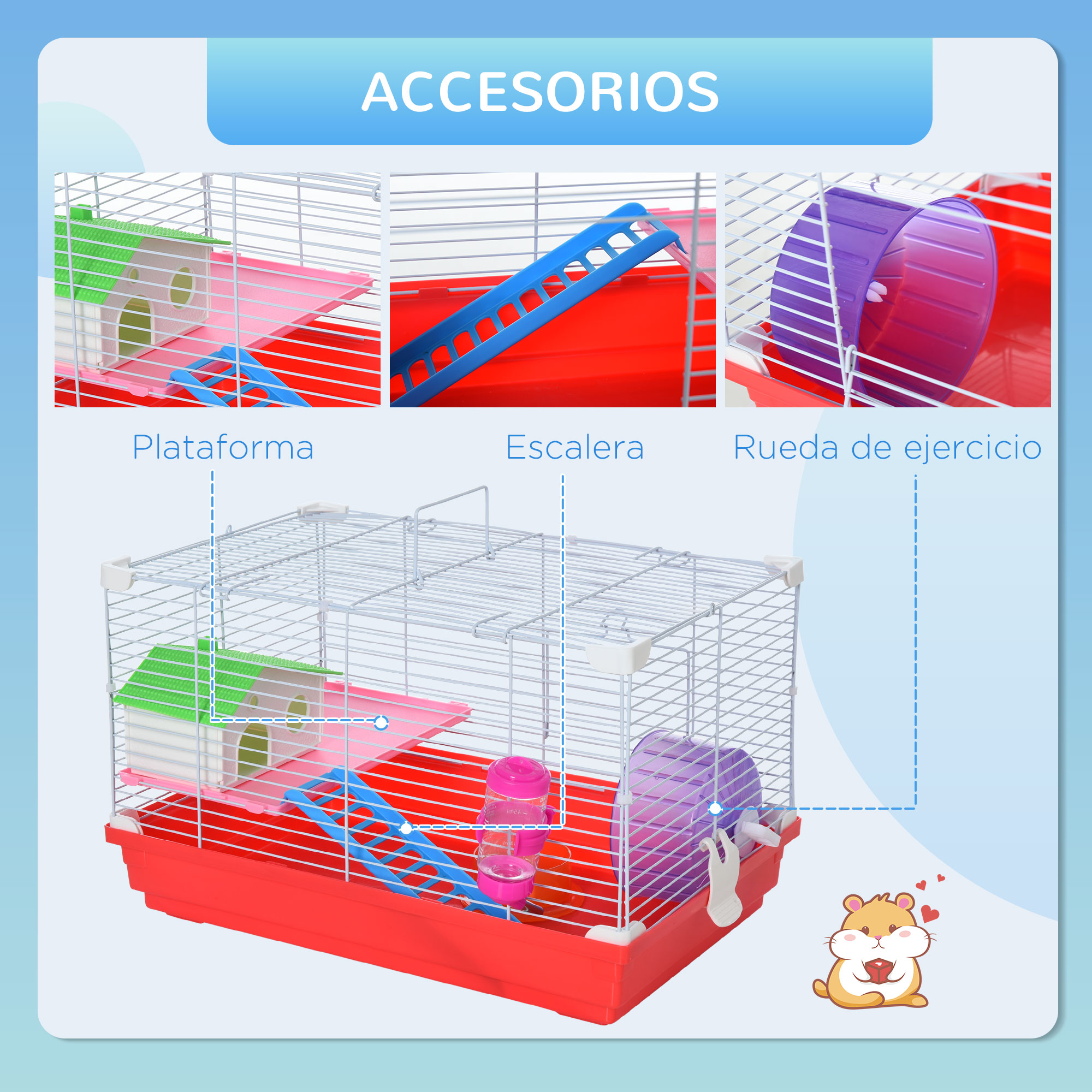 Jaula de hámster con accesorios: plataforma, escalera y rueda.