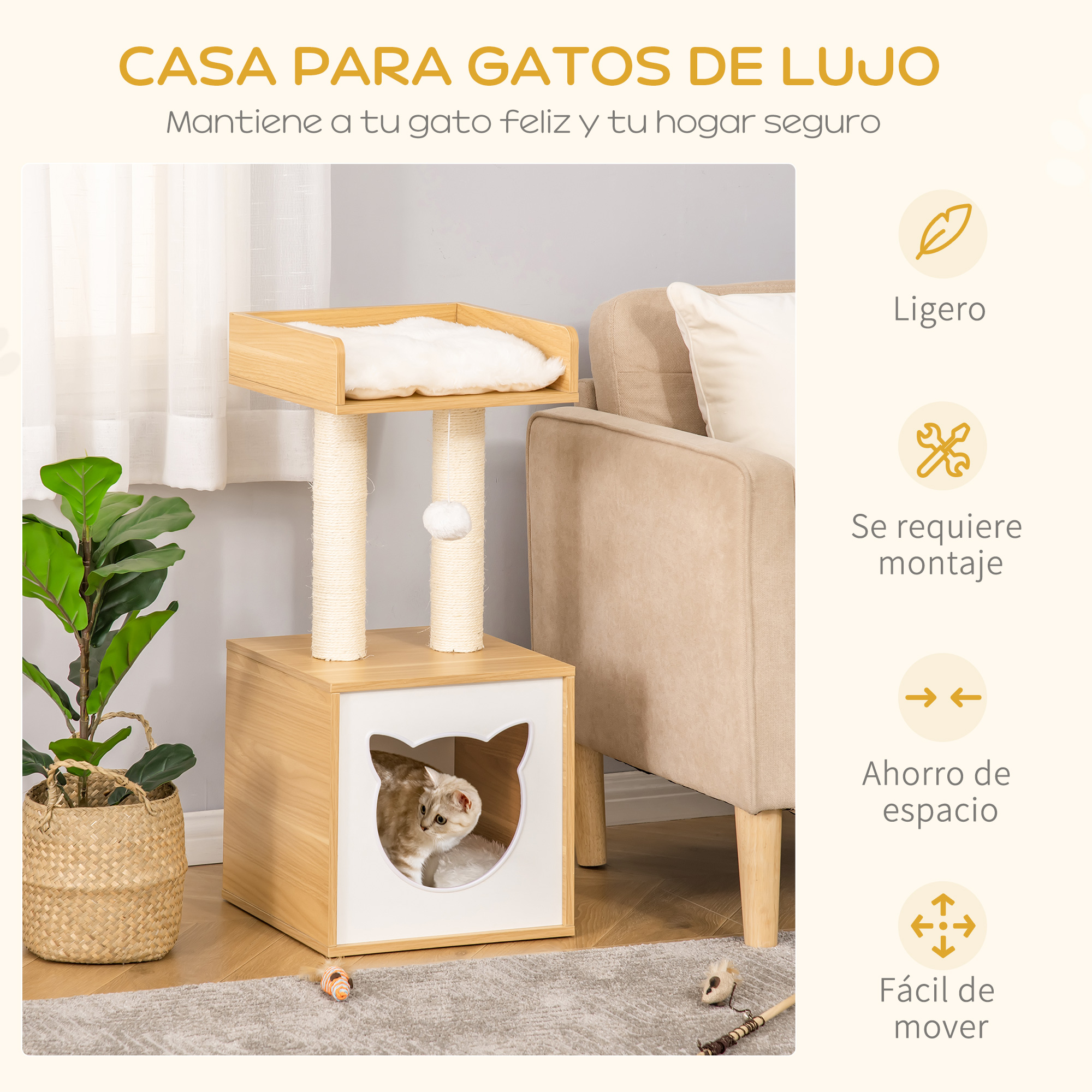 Árbol para gatos con gato dentro. Colores madera y blanco. Postes rascadores y cama.