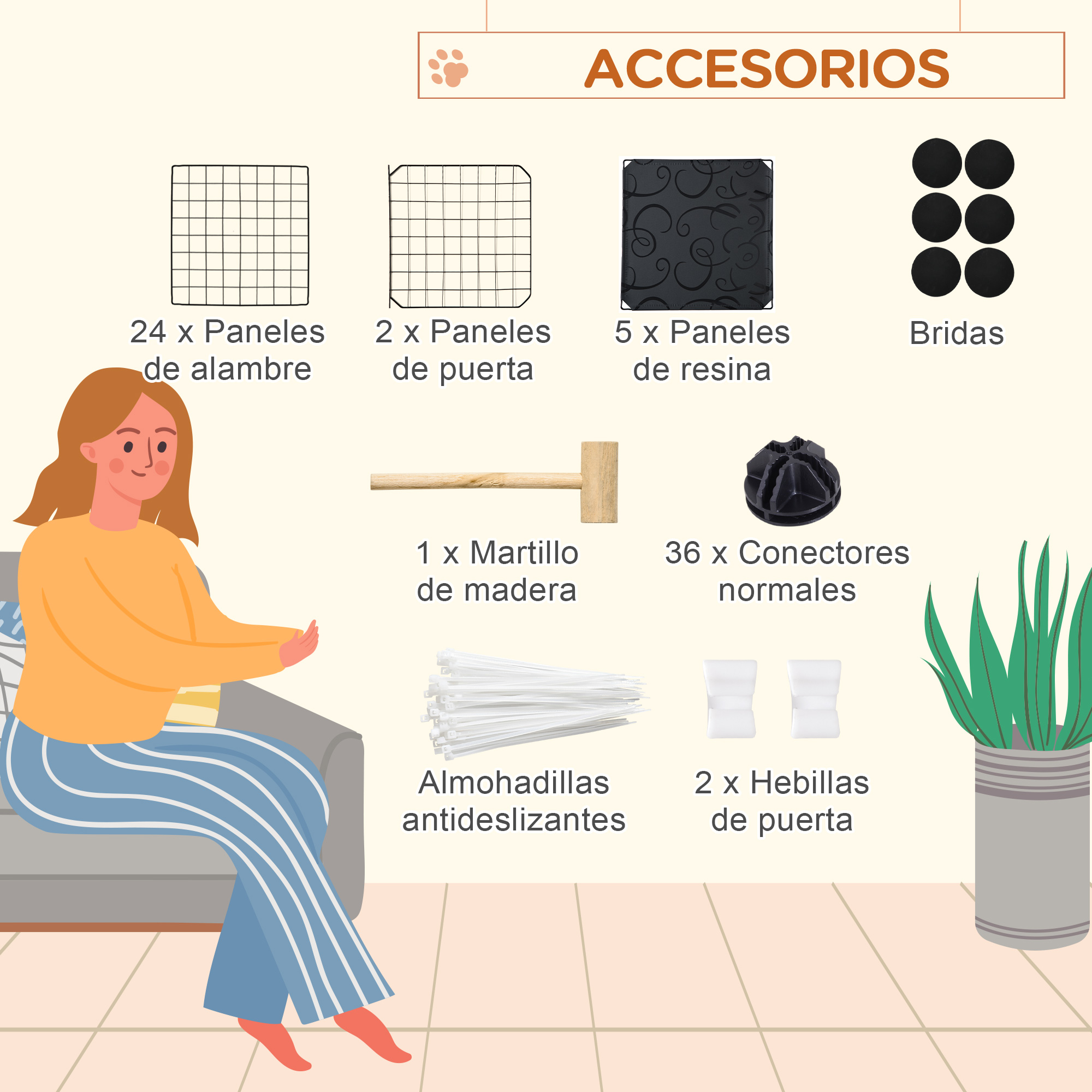 Una mujer con accesorios: paneles de alambre, paneles de resina, clips, un martillo y más.