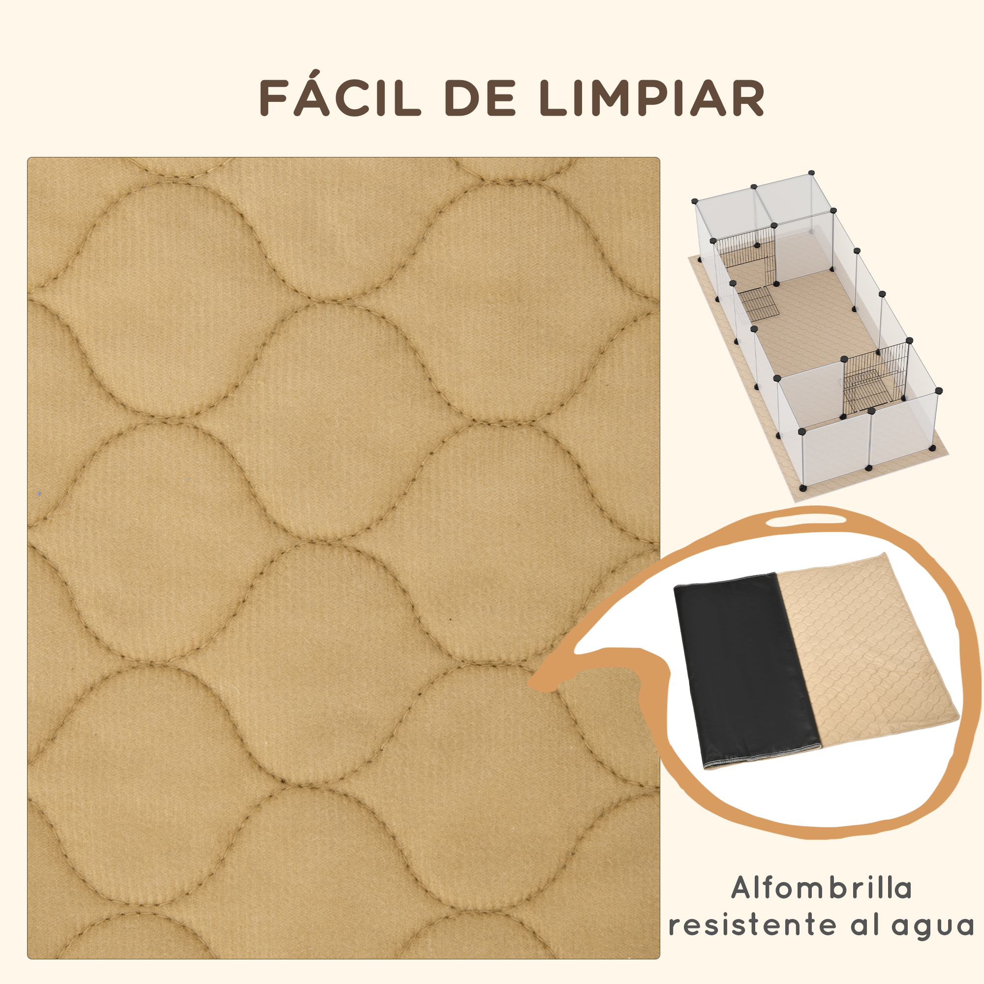Primer plano de una alfombrilla acolchada beige para mascotas con un pequeño diagrama del bolígrafo.