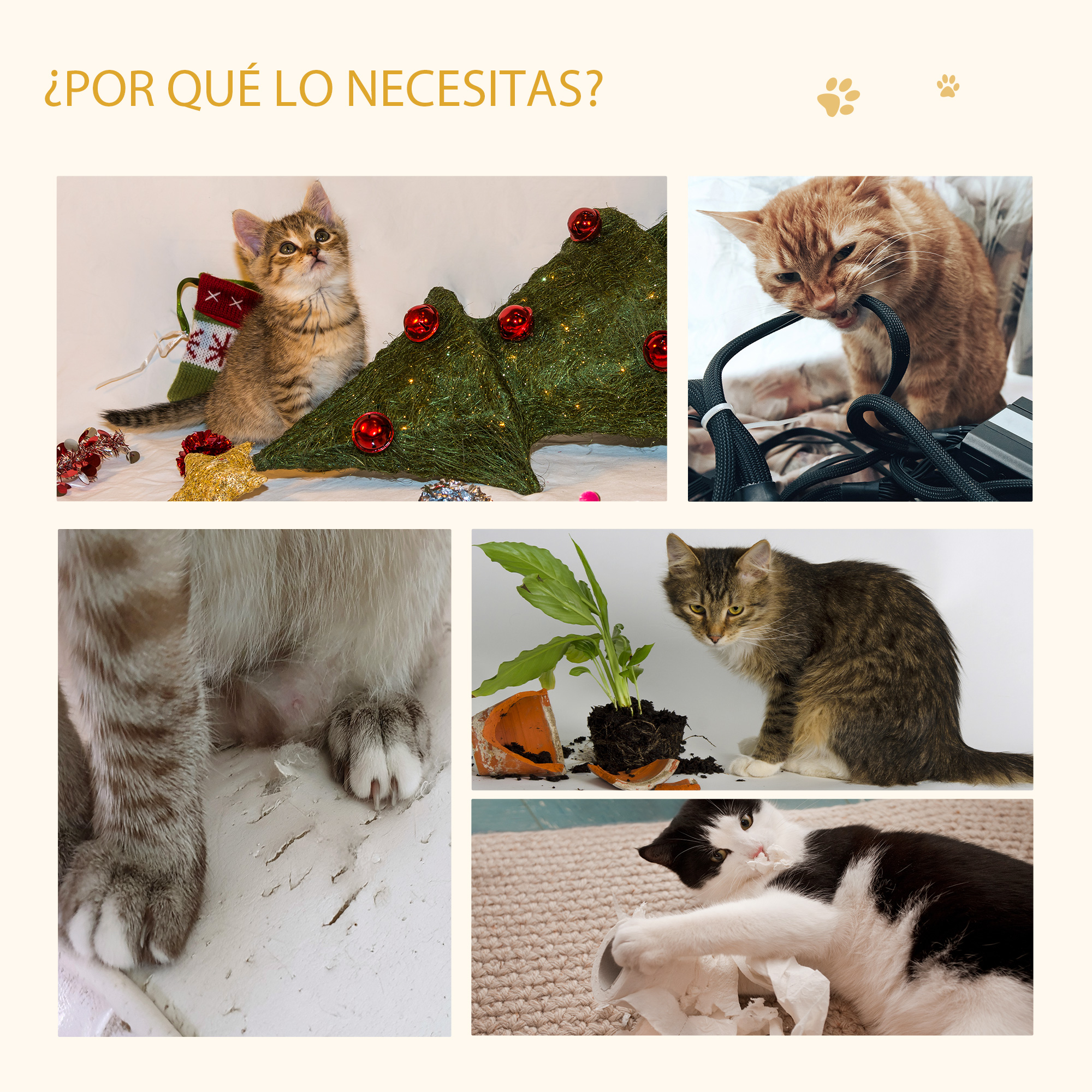 Gatos interactuando con objetos, incluyendo un árbol de Navidad y una planta, con tono juguetón.