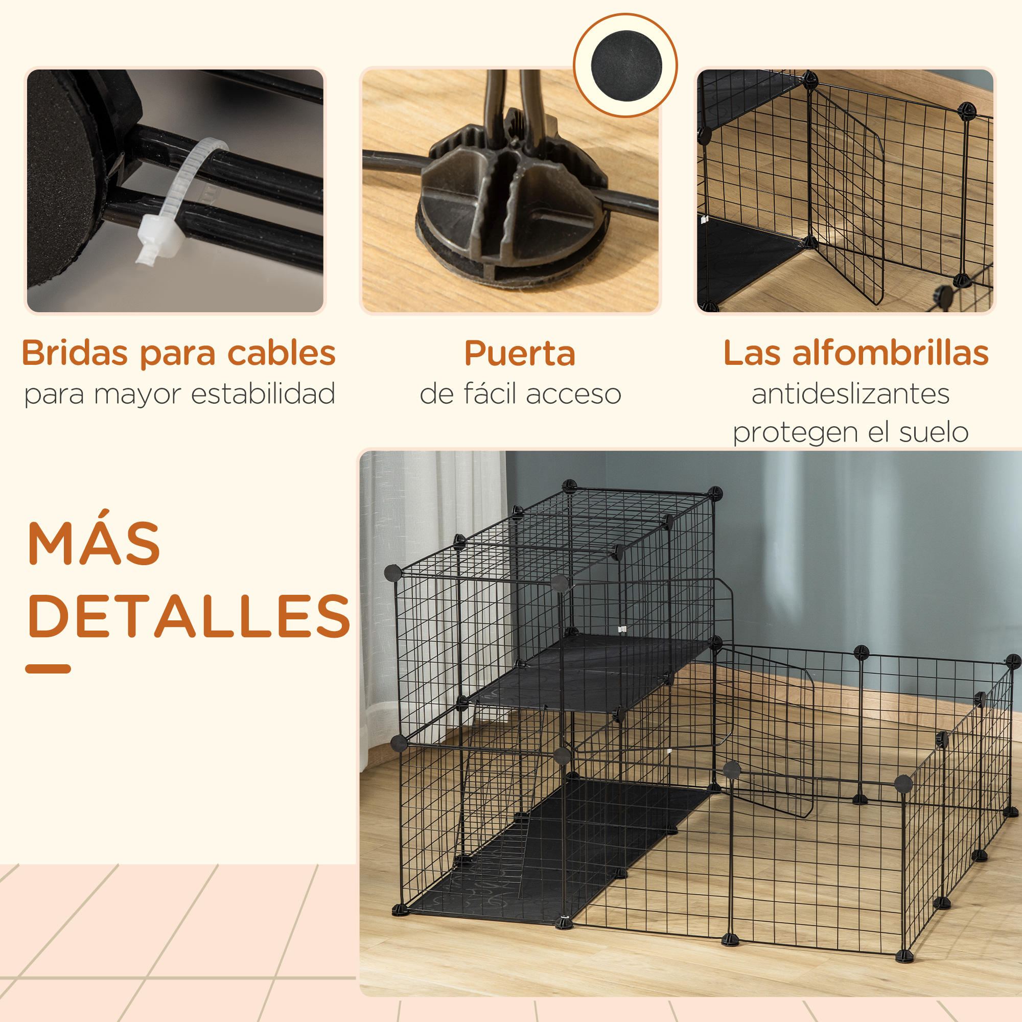 Recinto para animales de malla de alambre negro con detalles de bridas, una puerta y esteras.