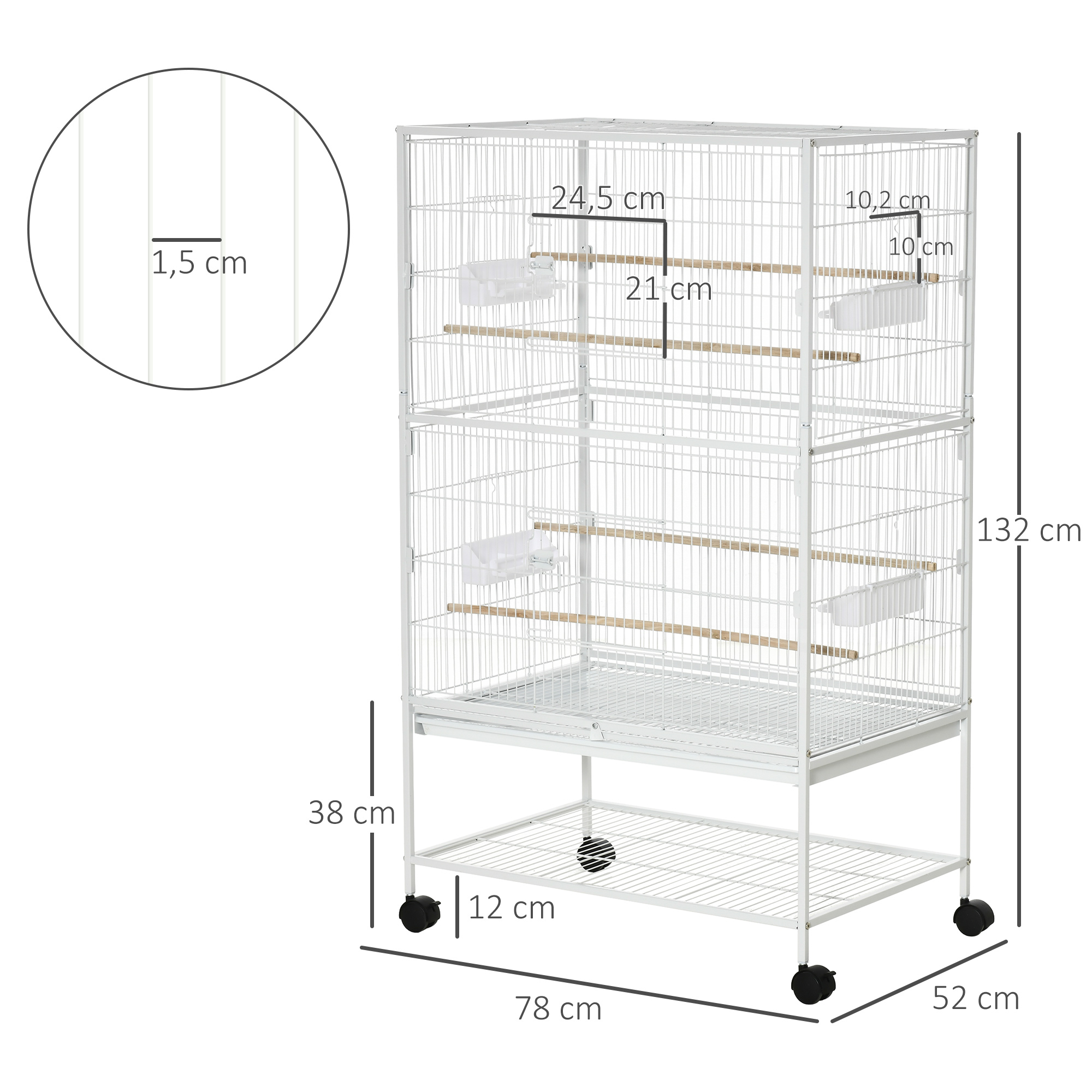 Jaula blanca para pájaros con múltiples niveles, perchas y comederos. Dimensiones etiquetadas, con ruedas.