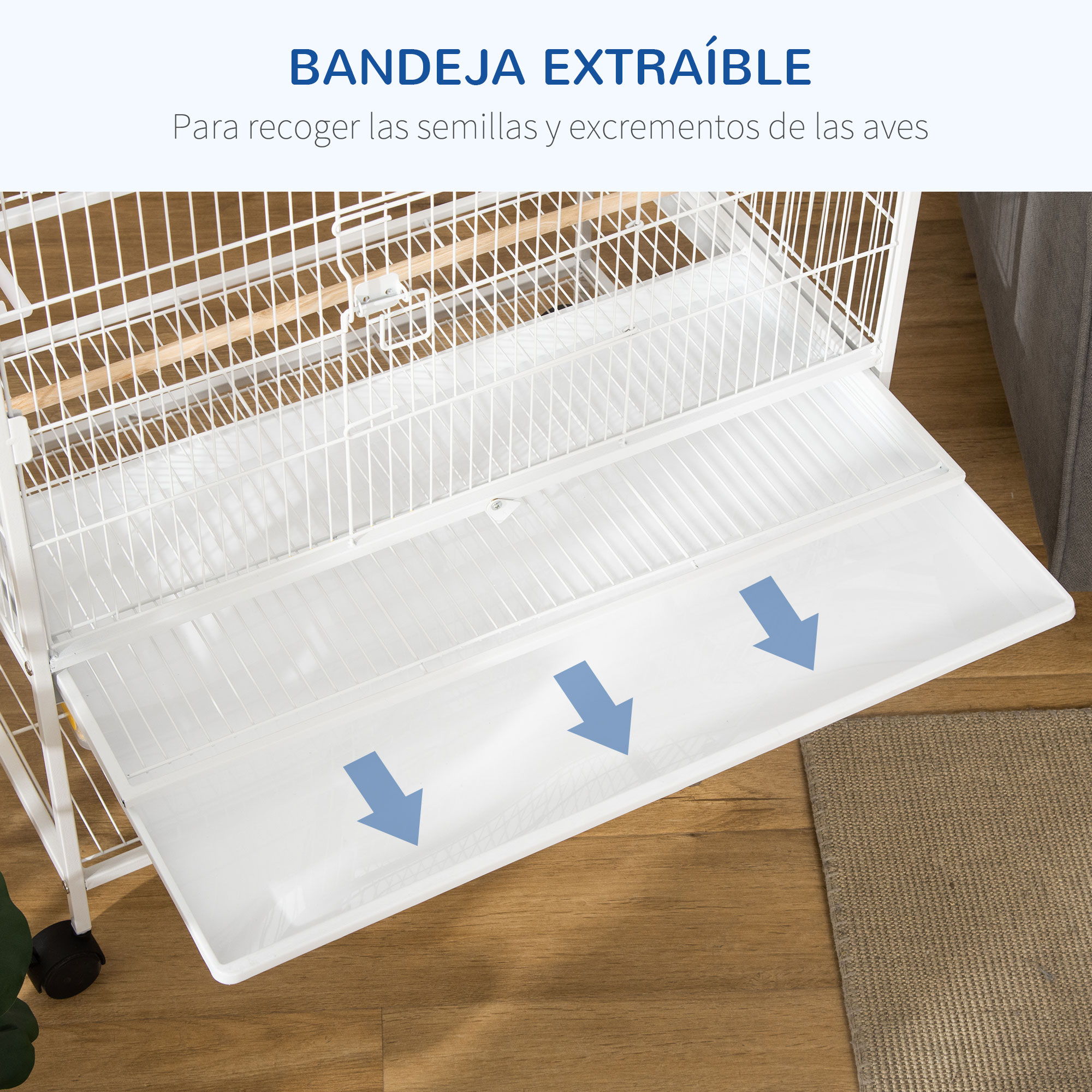 Una jaula para pájaros blanca con una bandeja extraíble en la parte inferior para recoger semillas y excrementos.