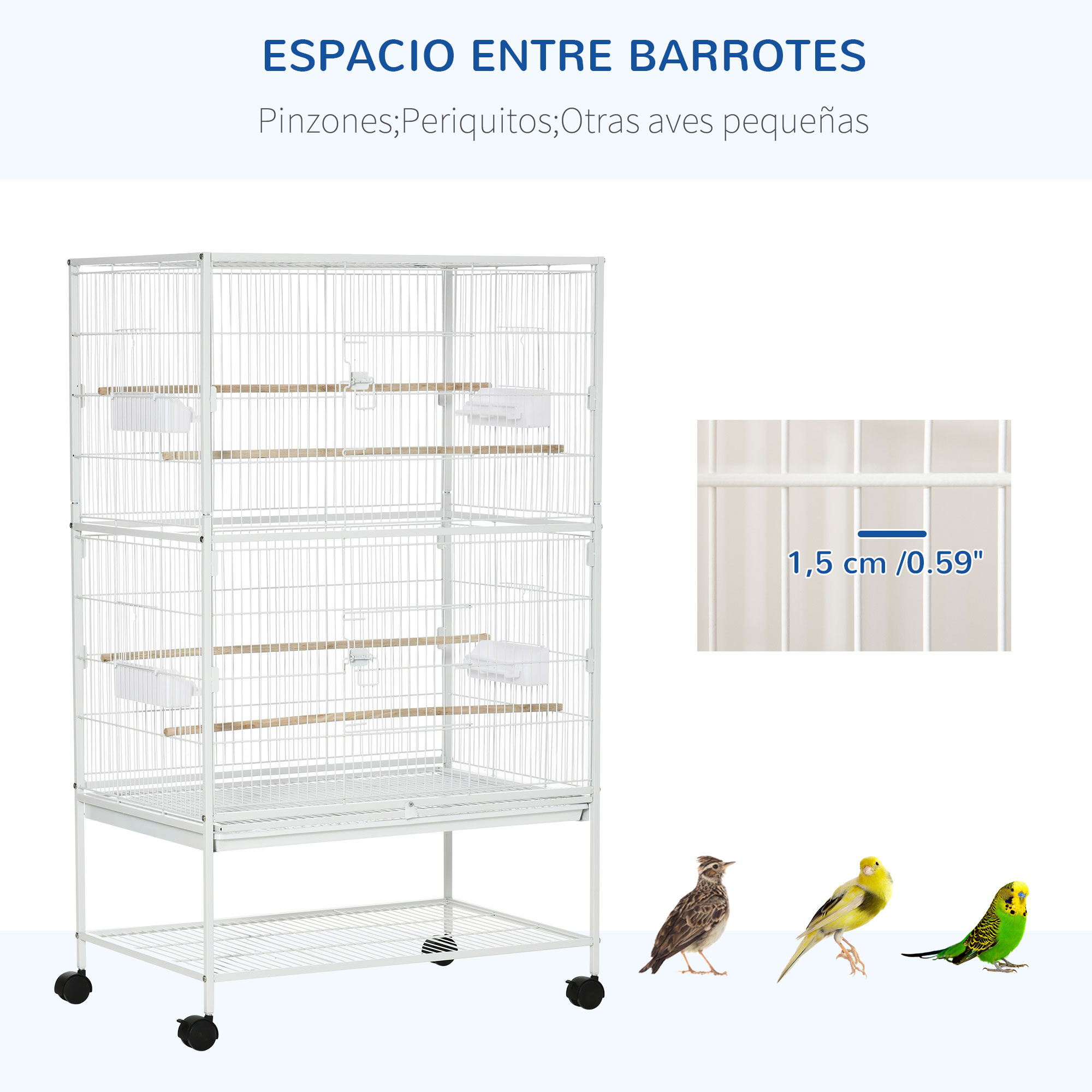 Una jaula para pájaros blanca con múltiples niveles y pájaros, con un primer plano que muestra el espaciado de las barras.