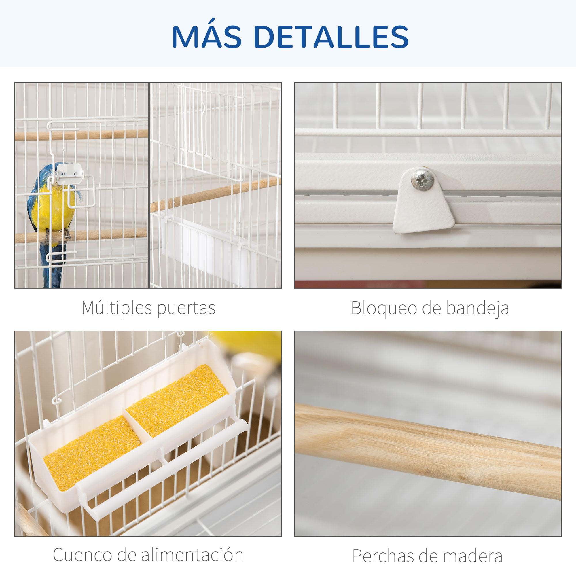 Detalles de cerca de una jaula: múltiples puertas, cierre de bandeja, comedero y perchas de madera.