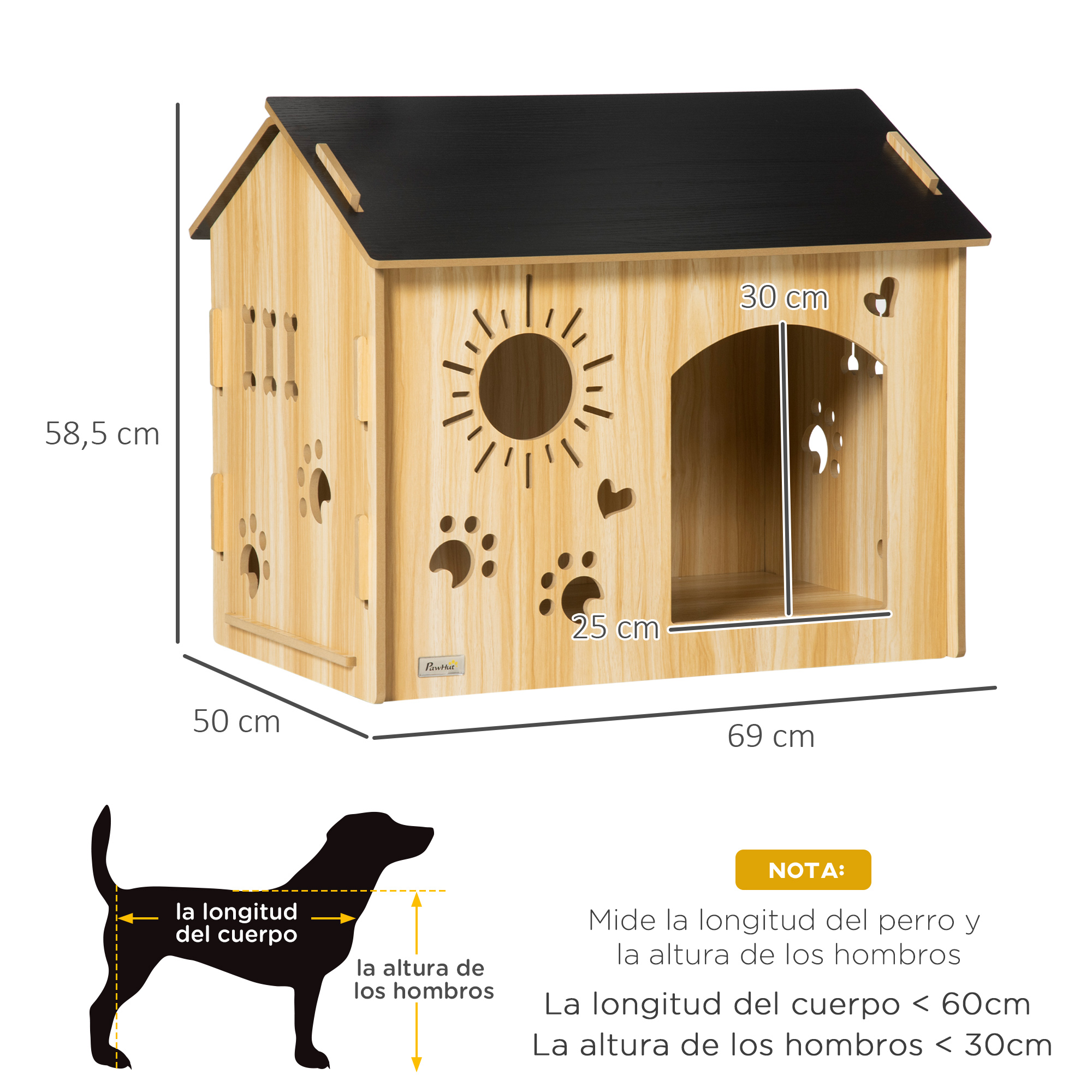 Casa de perro de madera con medidas. Silueta de perro indicando la longitud del cuerpo y altura de hombros.
