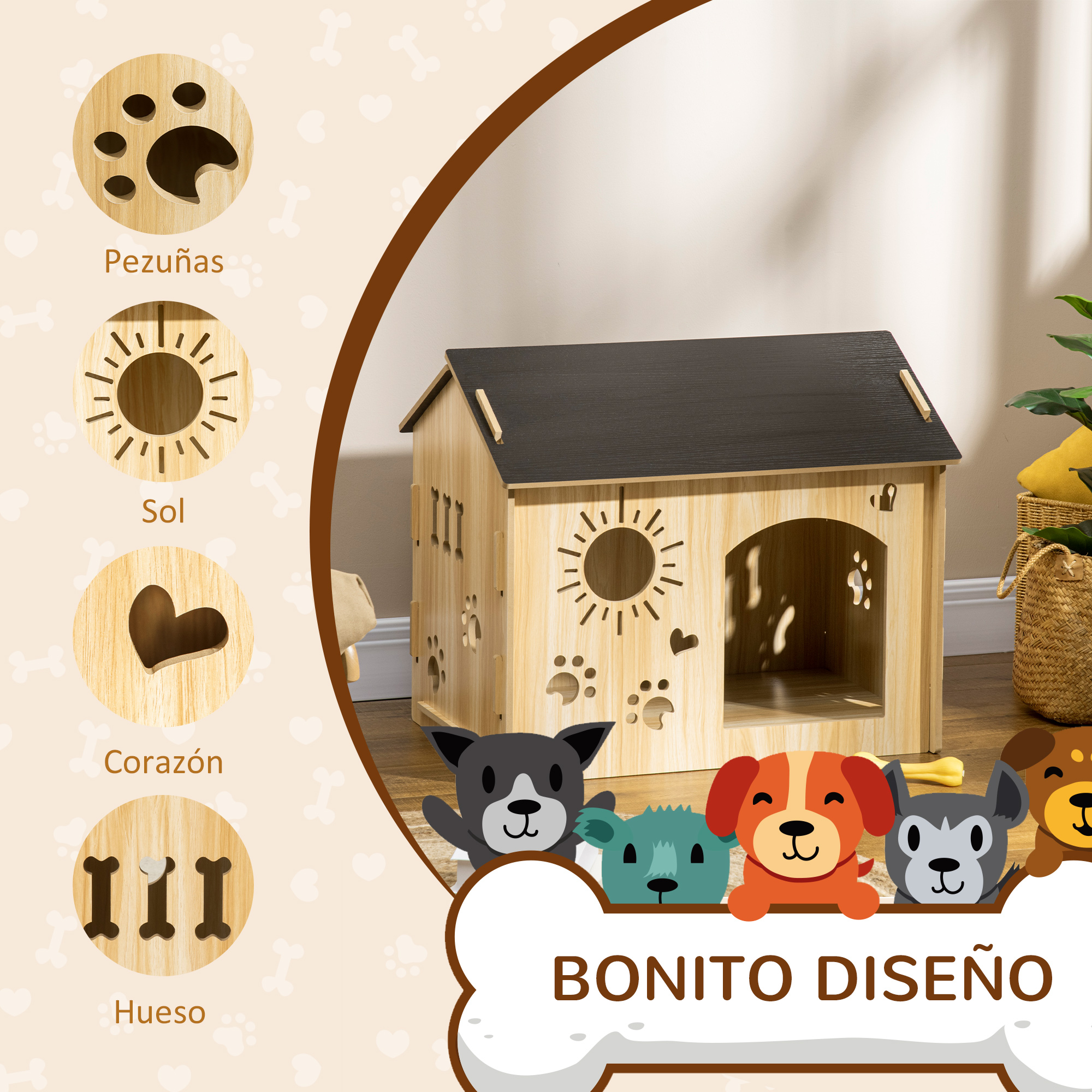 Casa de perro de madera con formas de pata, sol, corazón y hueso. Diseños de perros de dibujos animados.