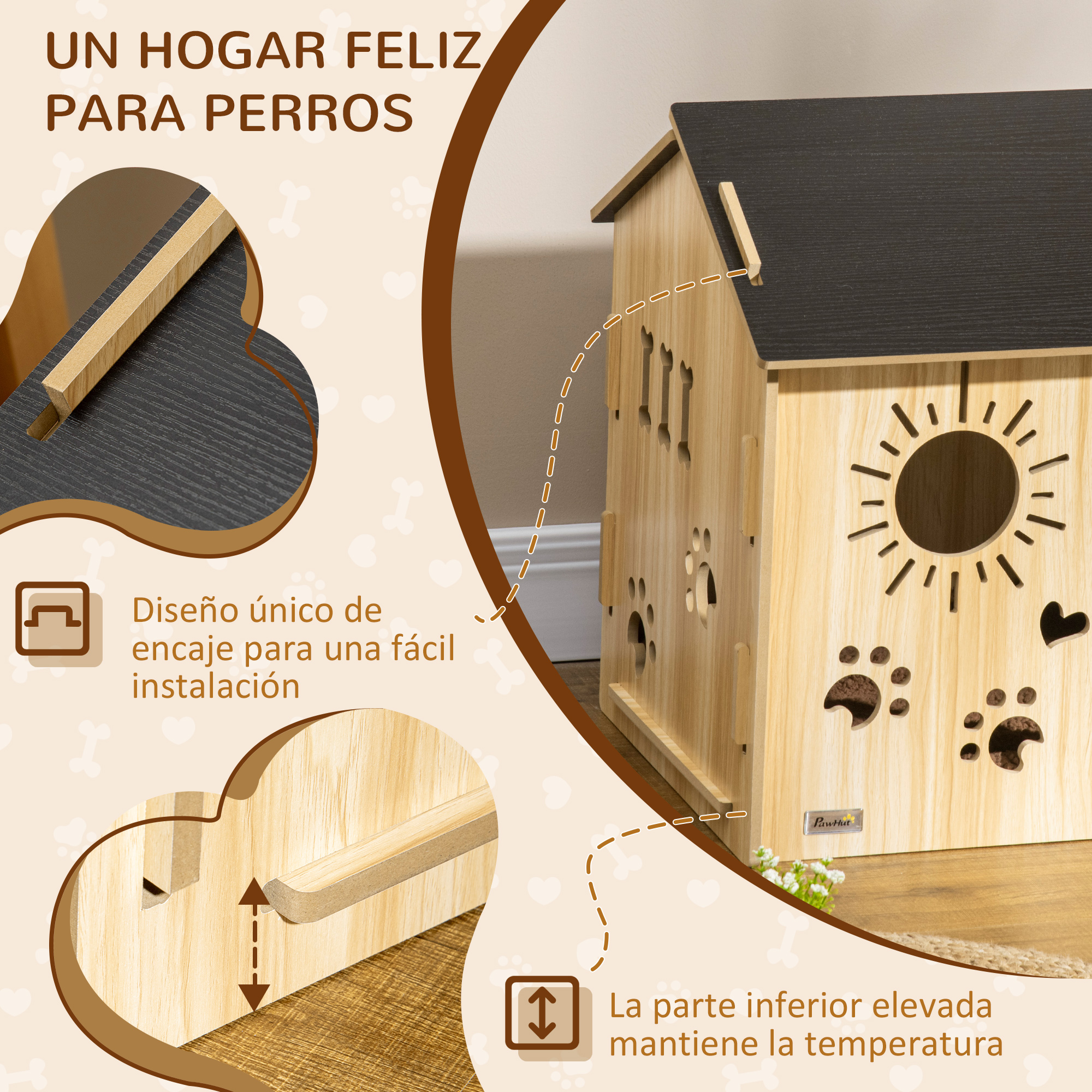 Casa para perros de madera con techo negro y recortes de huellas.