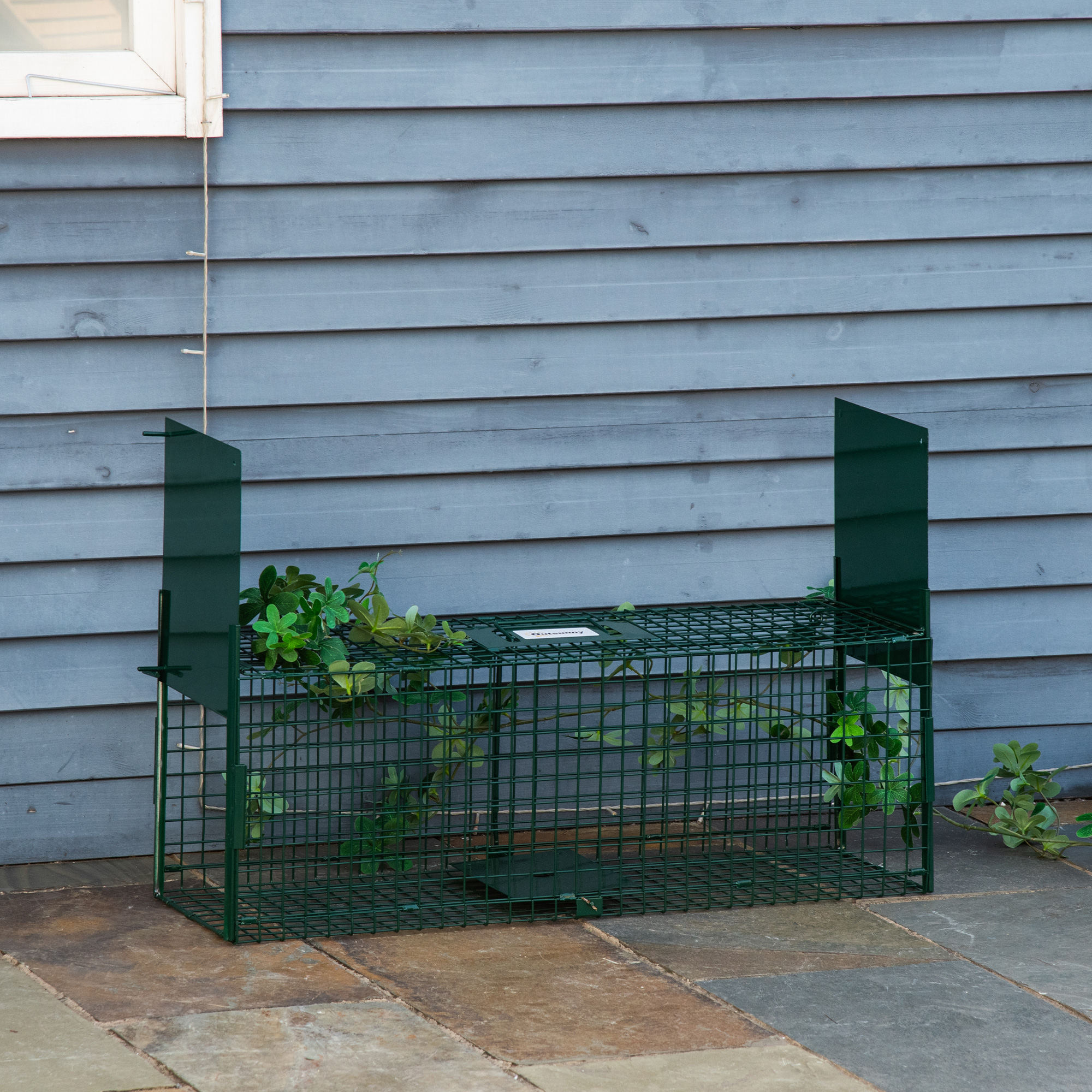 Trampa para animales de metal verde con diseño de malla cuadrada sobre patio de piedra, cerca de pared gris.