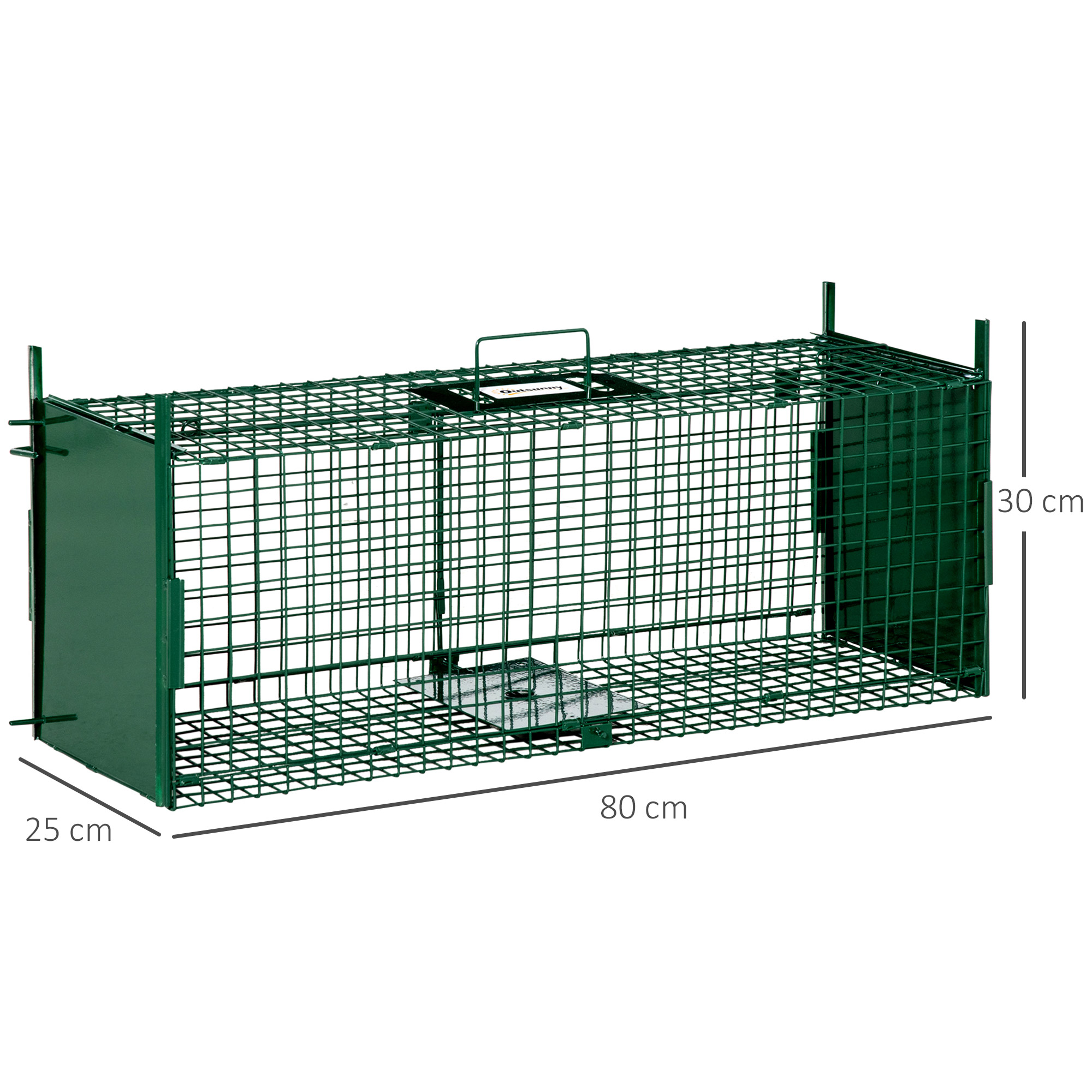 Una trampa para animales de metal verde con dimensiones: 80 cm largo, 25 cm ancho y 30 cm alto.