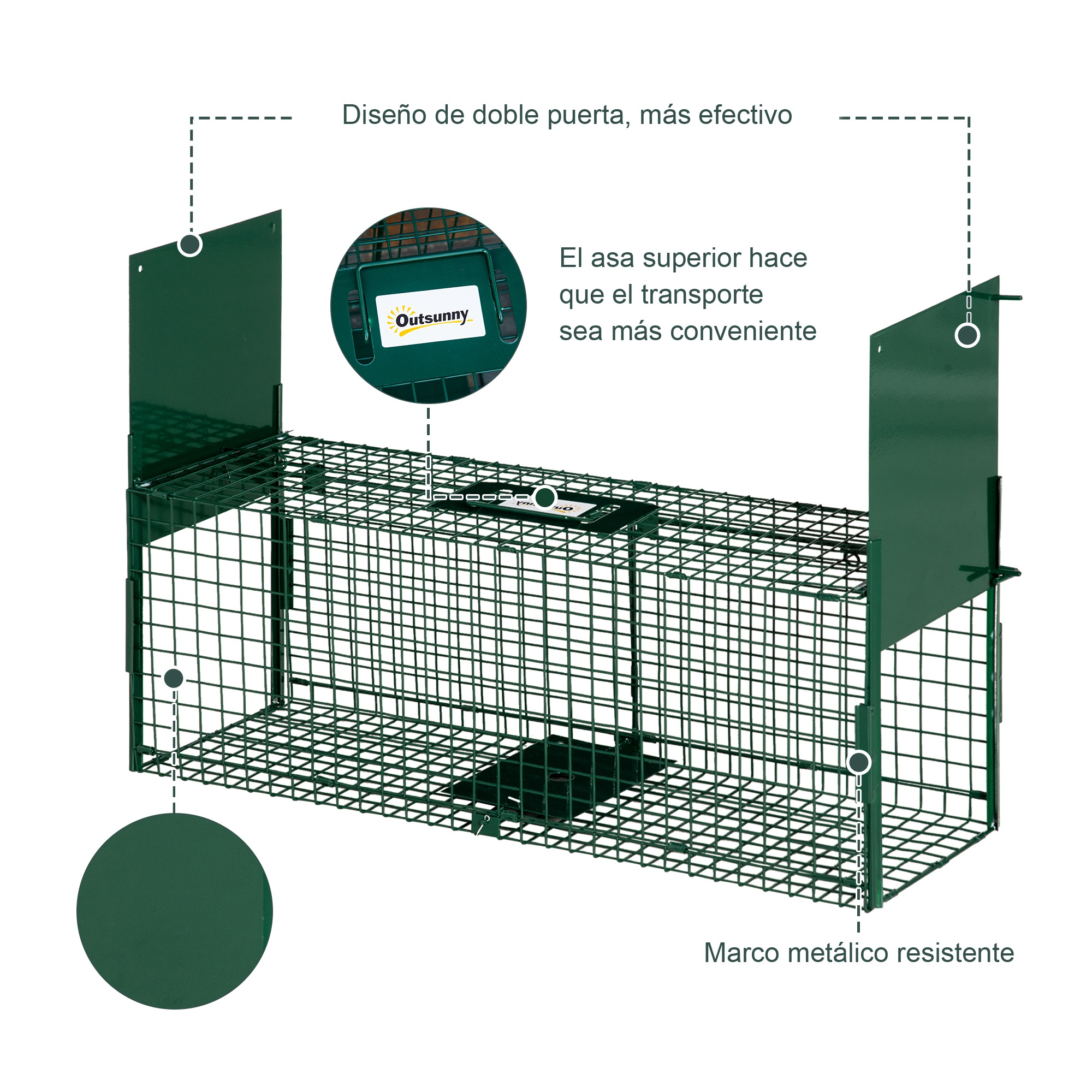 Una trampa para animales de metal verde. Cuenta con un diseño de doble puerta y un asa para facilitar el transporte. Marco de metal resistente.