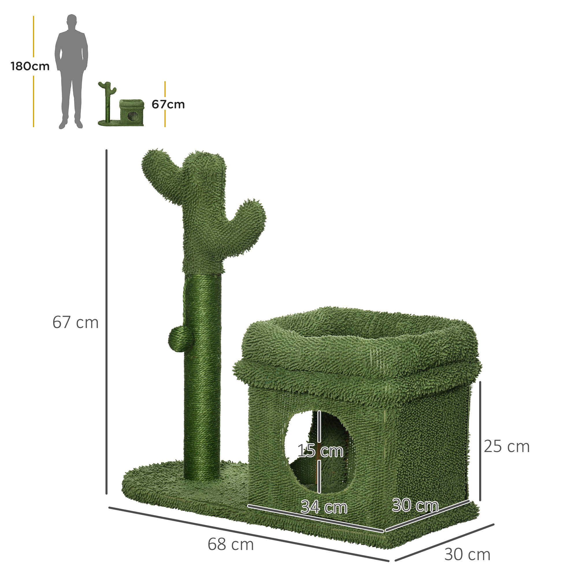 Árbol para gatos verde en forma de cactus con dimensiones y un contorno de persona para la escala.