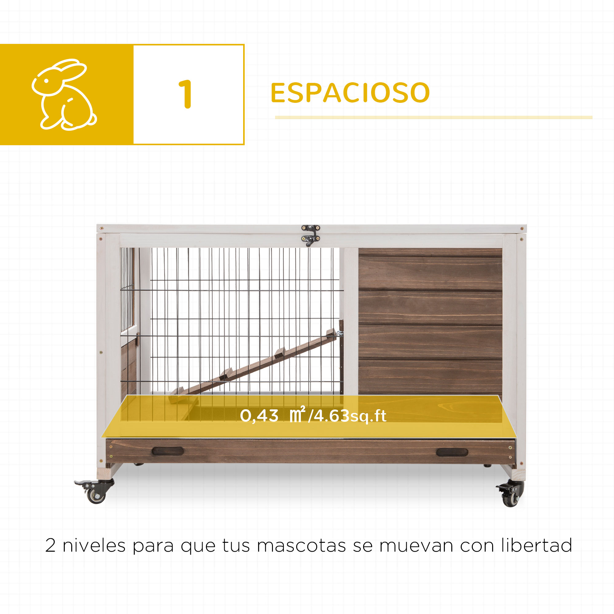 Una conejera de madera con frente de malla metálica. Tiene dos niveles y está sobre ruedas.