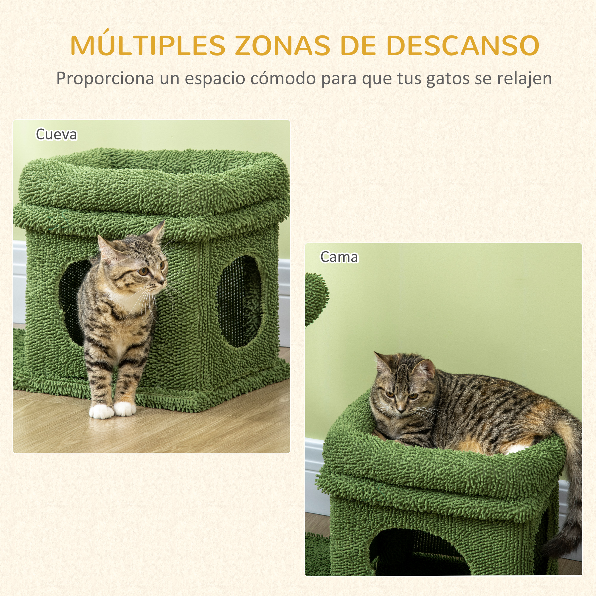 Dos fotos de gatos en casas verdes para gatos, una en una cueva, la otra en una cama.