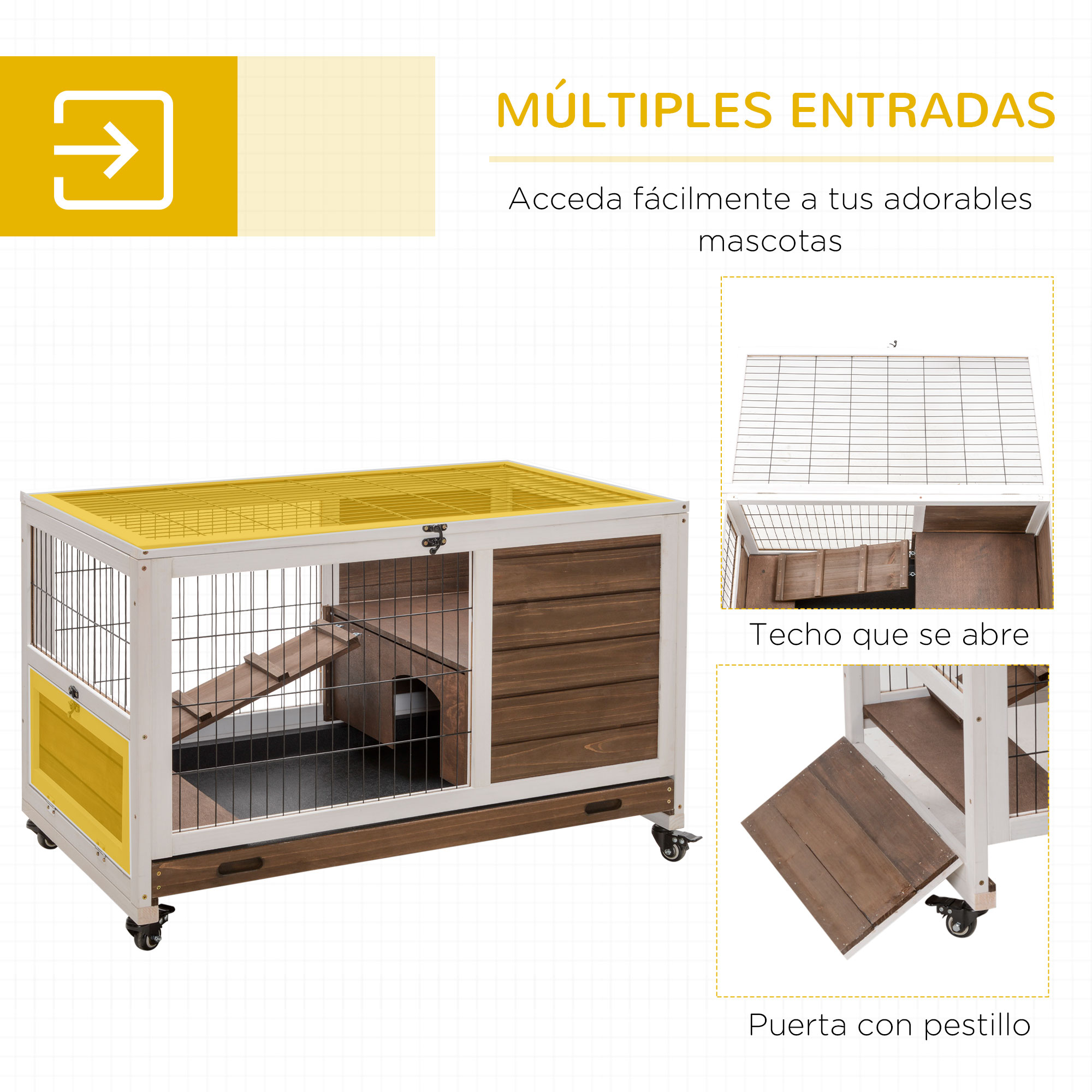 Un recinto para mascotas con múltiples entradas, diseño de madera y blanco, con texto y gráficos.