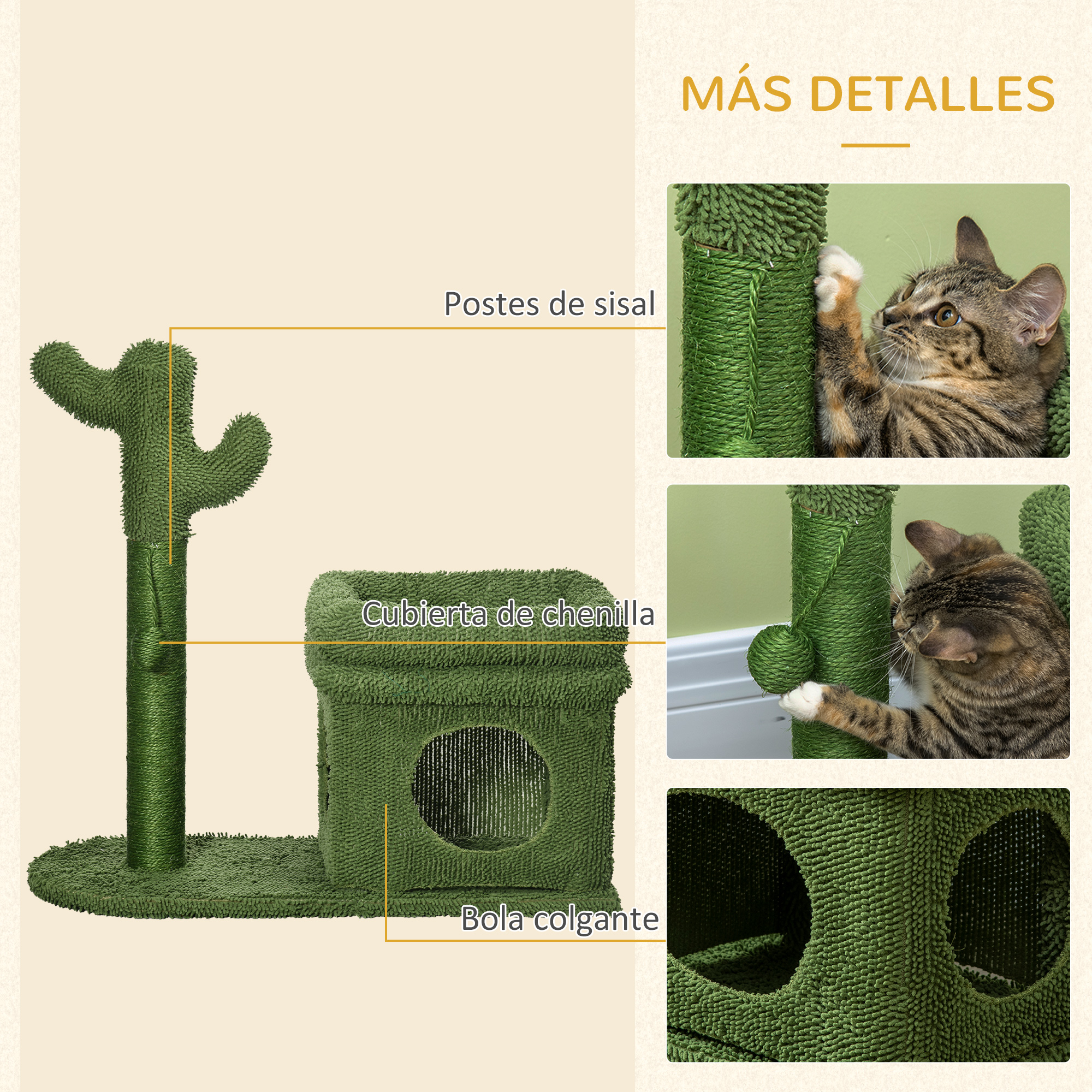 Rascador para gatos verde en forma de cactus con bola adjunta y un gato.