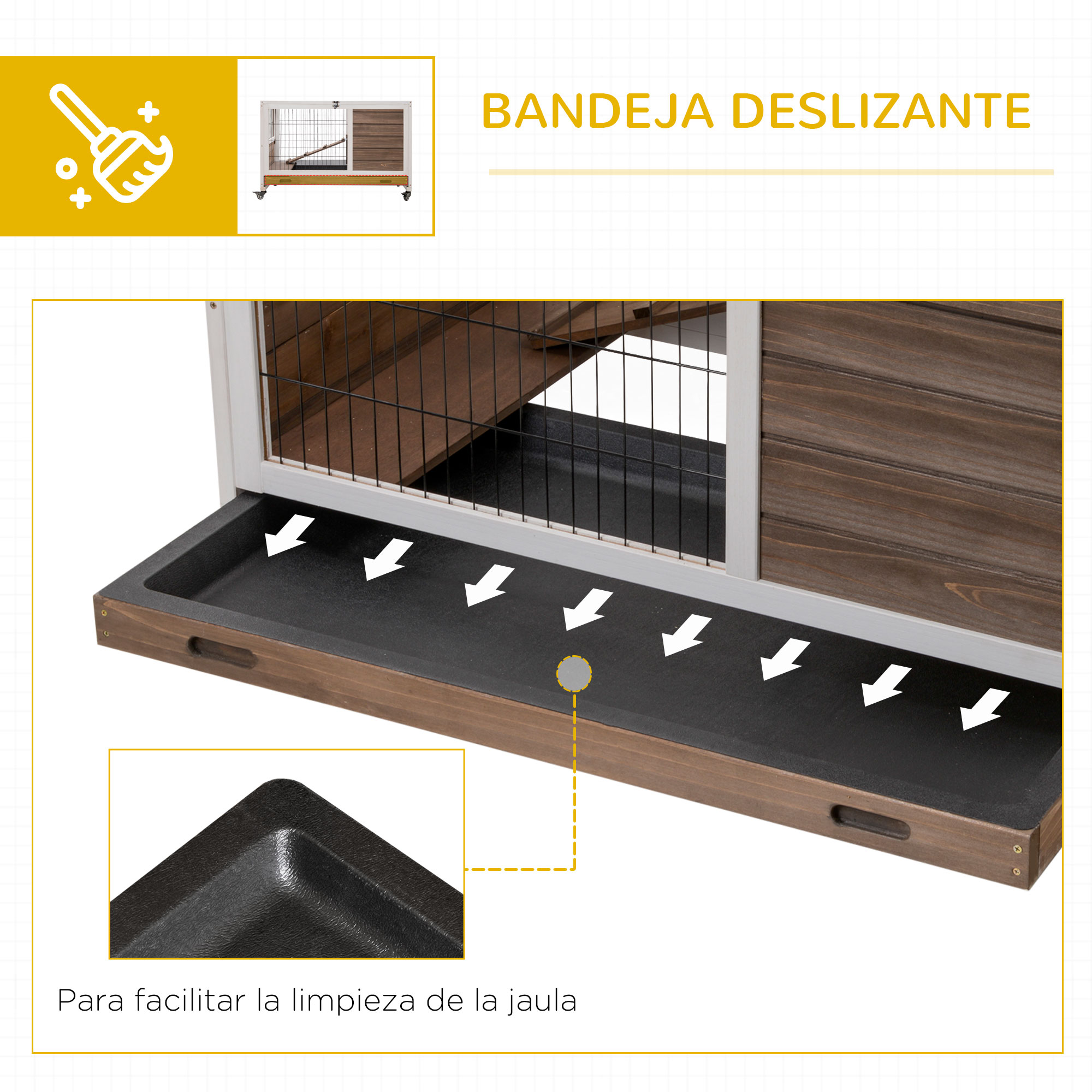 Una jaula de pájaros de madera con una bandeja deslizante para facilitar la limpieza.