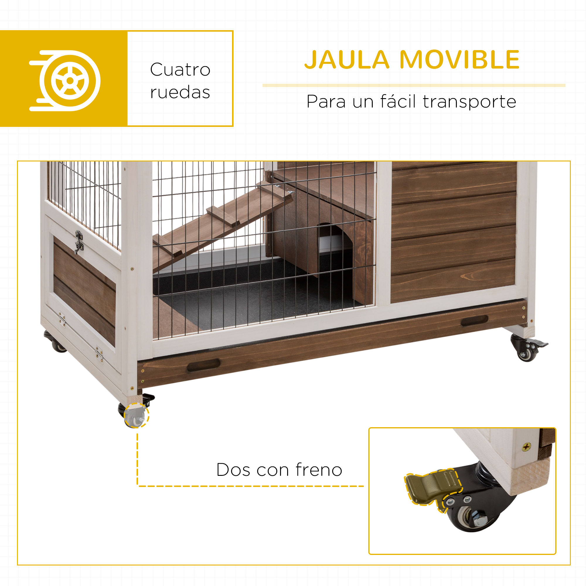 Jaula móvil para conejos con ruedas. Incluye rampa y bandeja extraíble para fácil limpieza.