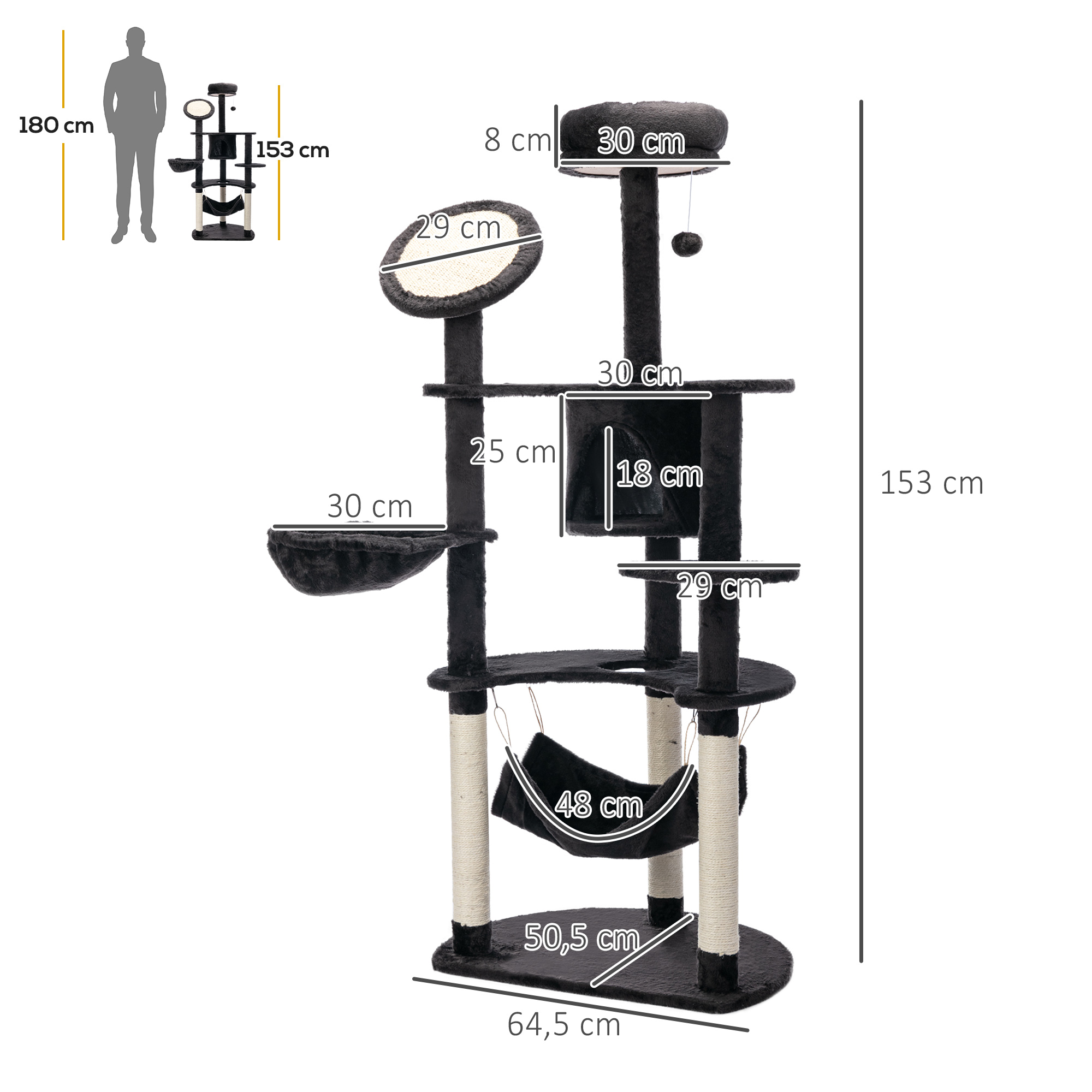 Árbol para gatos con varios niveles, incluyendo una hamaca, una cama y una bola. Se muestran las dimensiones.
